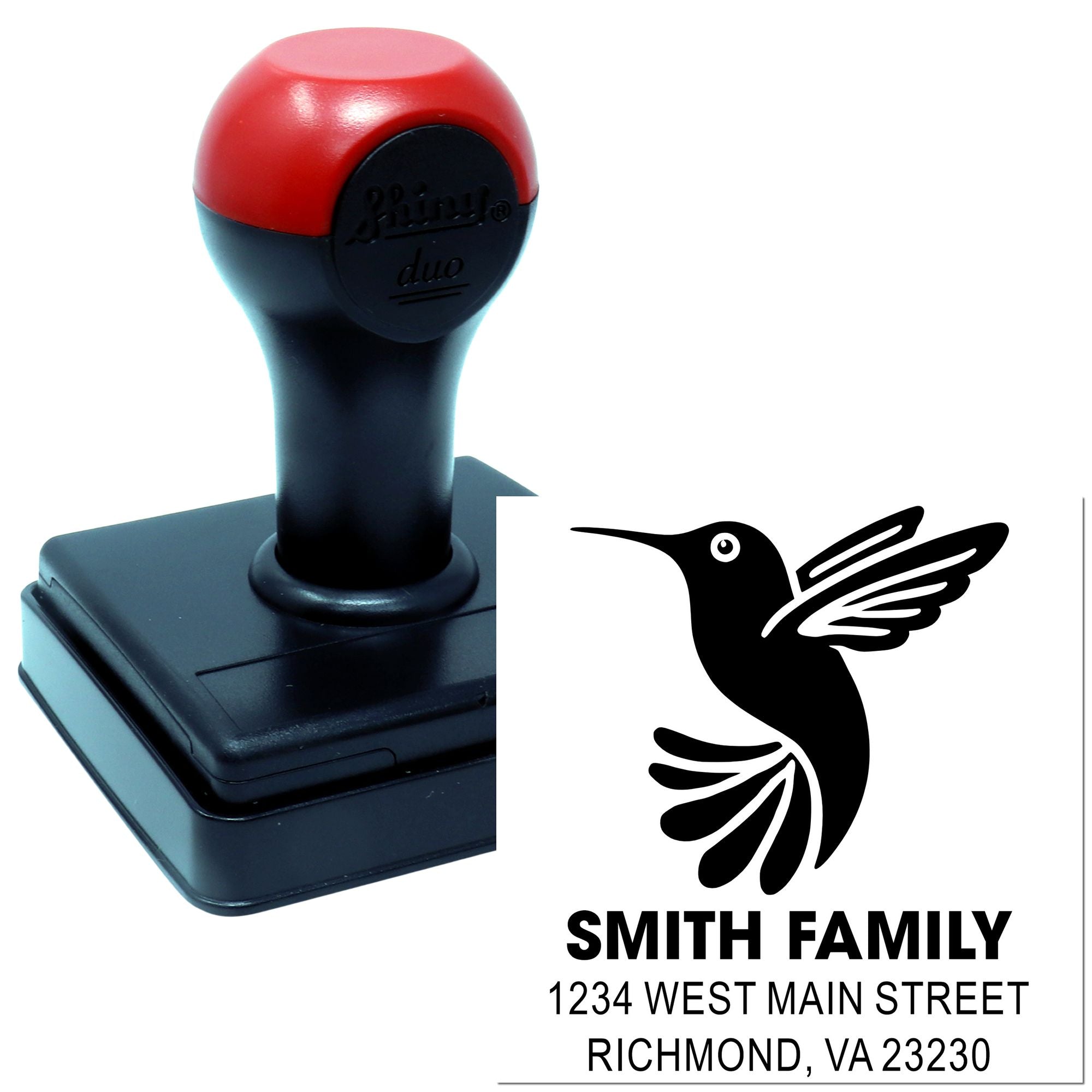 Custom self-inking rubber address stamp with hummingbird logo, Smith Family return address in Richmond, VA.