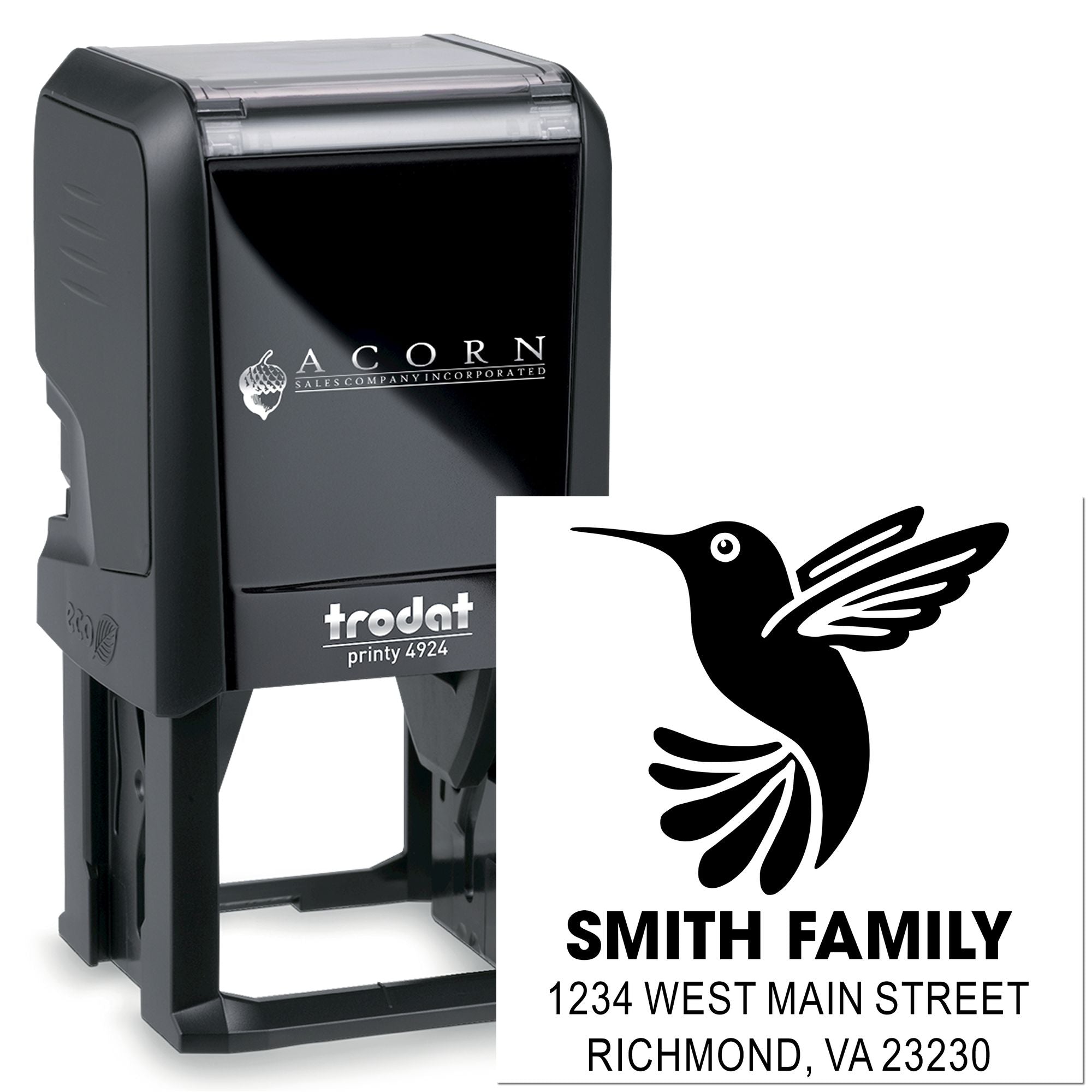 Custom self-inking rubber stamp with hummingbird family return address design for personalized mail, wedding, or home use.