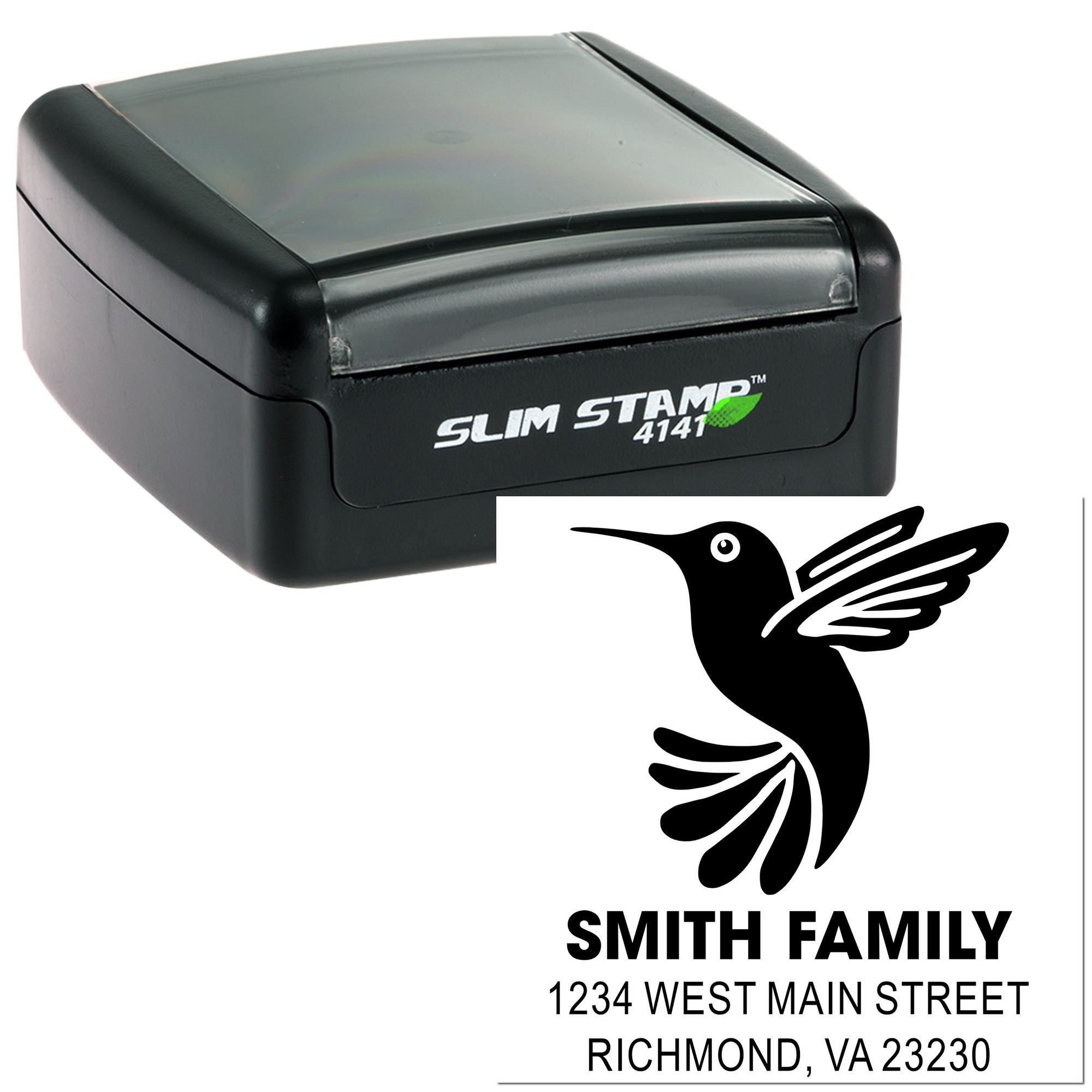 Custom self-inking rubber stamp with personalized family return address and hummingbird logo imprint for mailing use