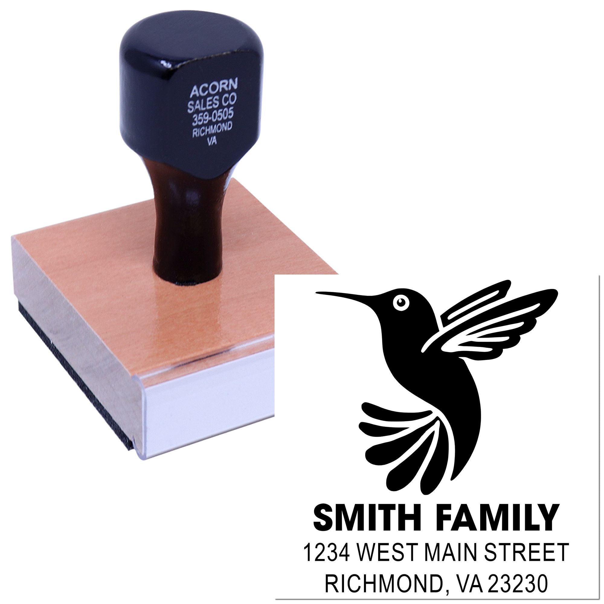 Custom rubber address stamp with hummingbird logo and Smith Family address for personalized mailing.
