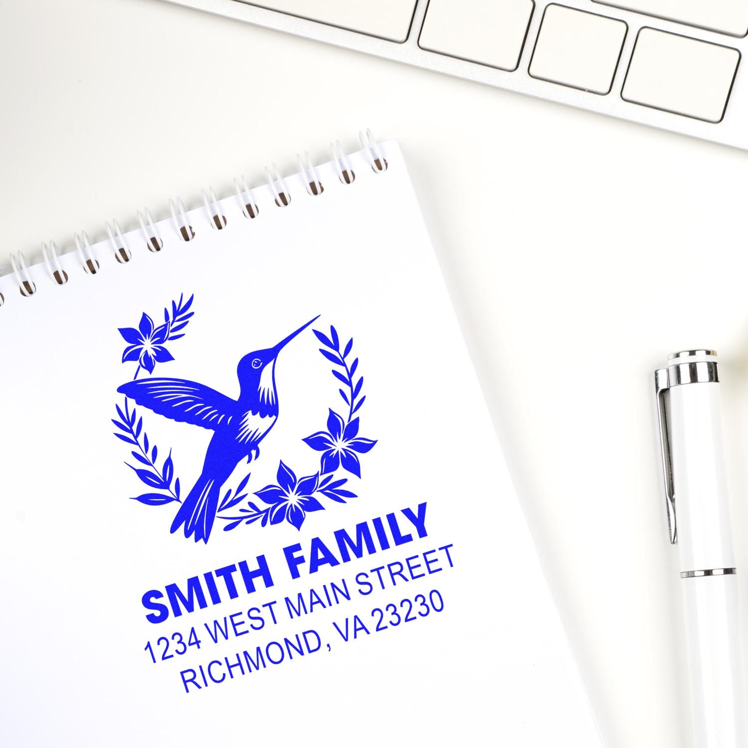 Custom hummingbird return address rubber stamp impression for Smith Family, Richmond, VA.