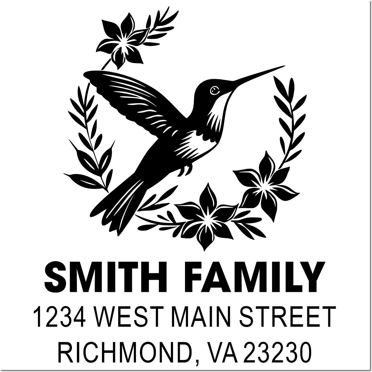Custom rubber address stamp with hummingbird floral wreath, Smith Family name, and Richmond, VA return address.