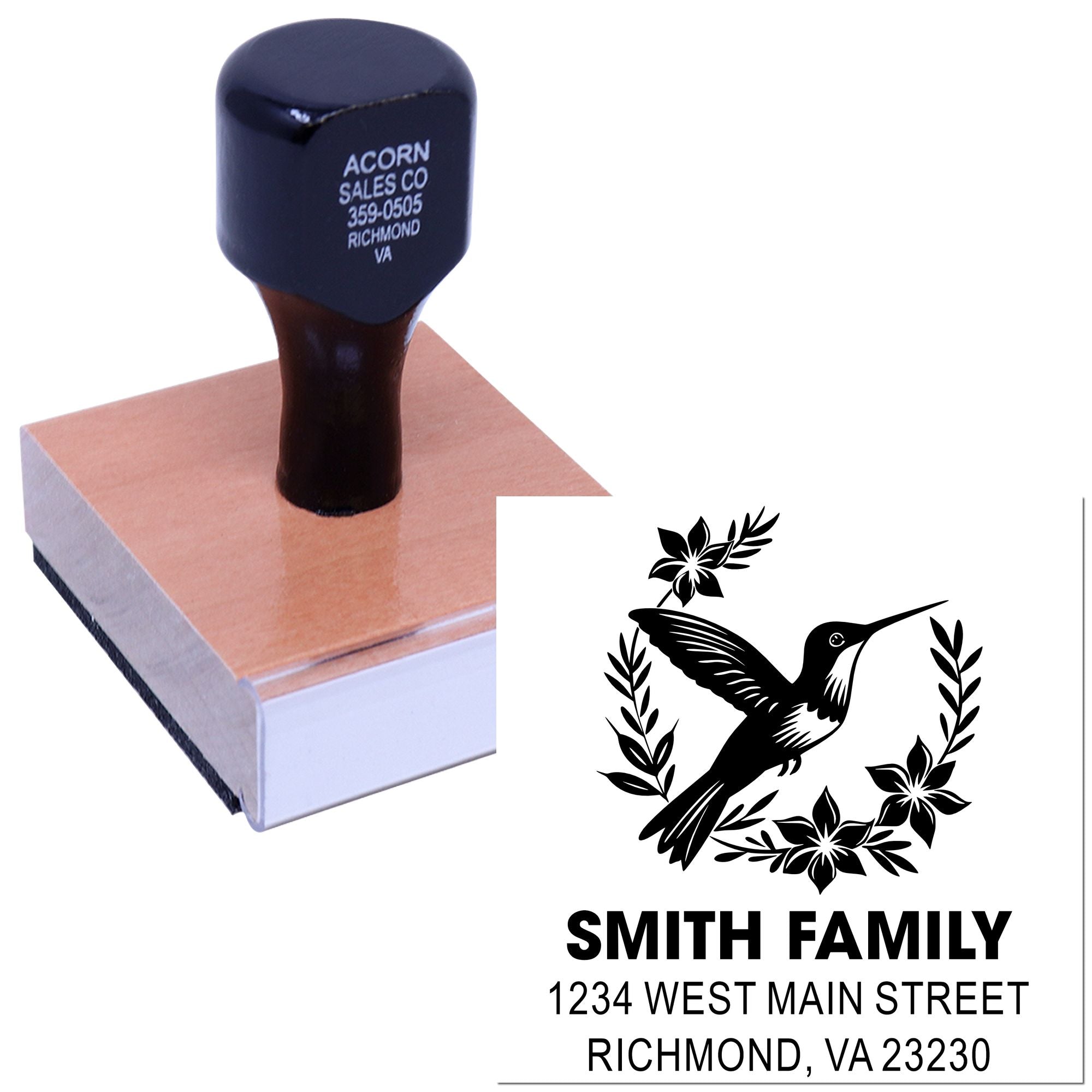 Custom rubber stamp with hummingbird return address design, showing Smith Family address imprint for envelopes.