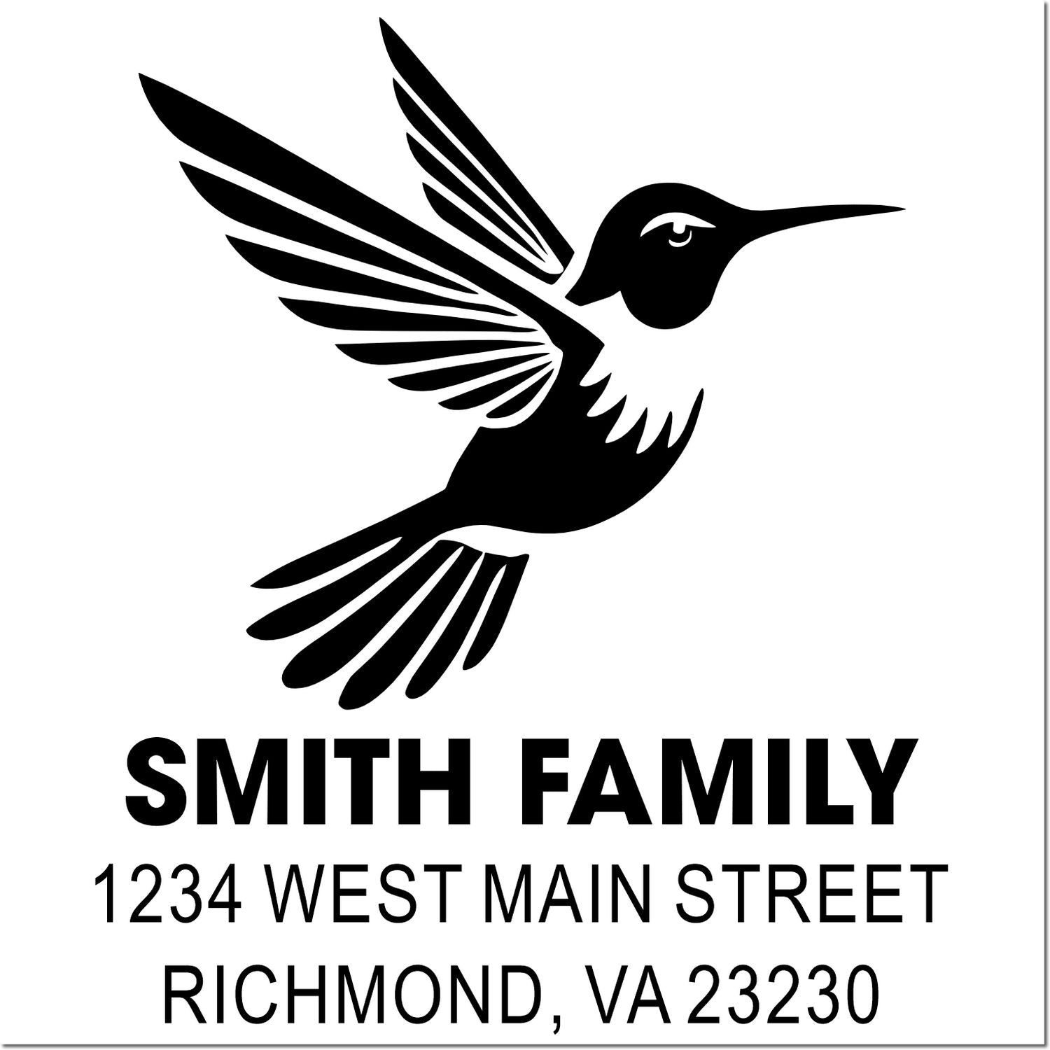 Custom hummingbird return address rubber stamp for Smith Family, 1234 West Main Street, Richmond, VA 23230
