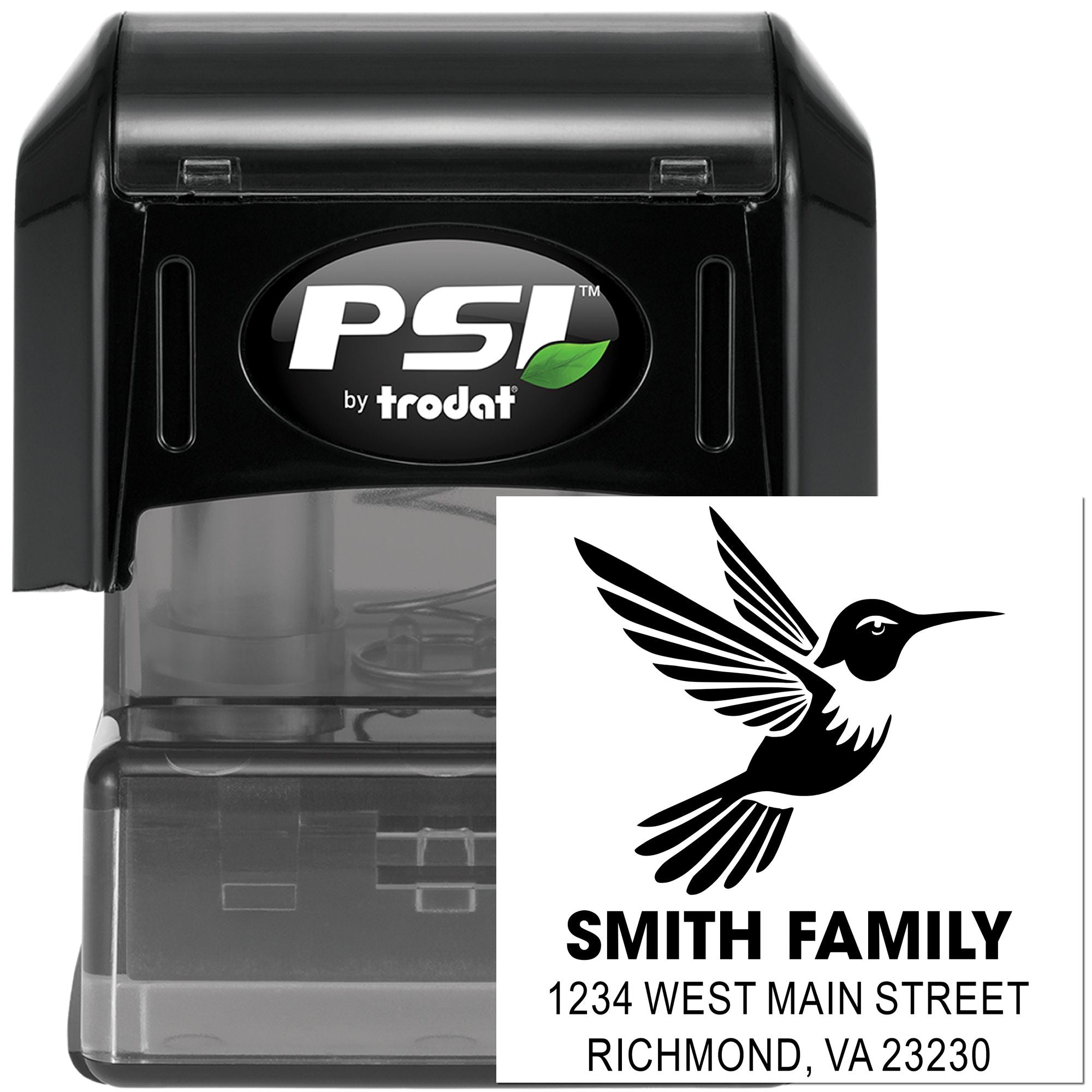 Custom self-inking rubber stamp with hummingbird design, Smith Family name, and Richmond, VA return address by PSI Trodat.