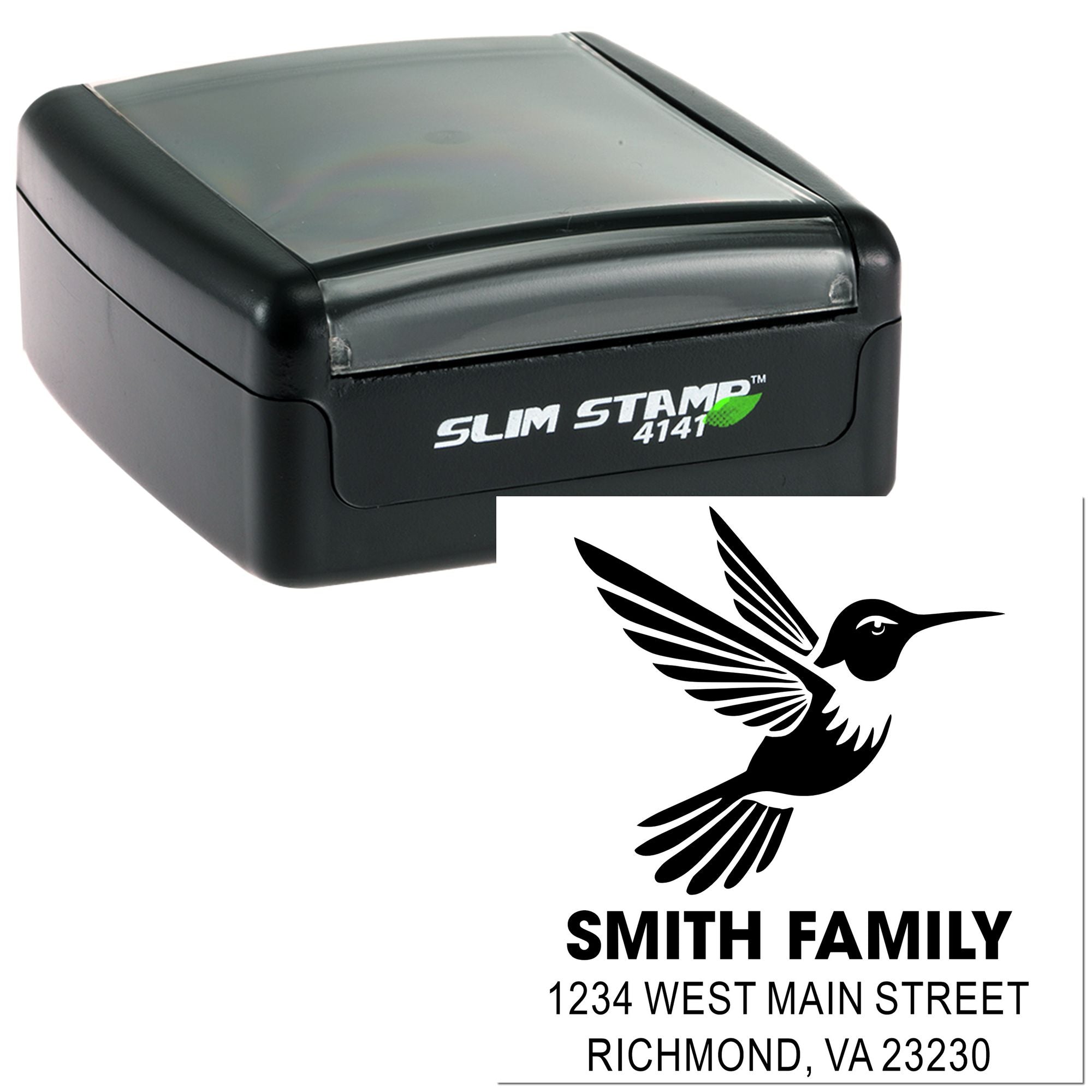 Slim Stamp 4141 custom self-inking rubber address stamp with hummingbird logo, Smith Family name, and Richmond VA return address.