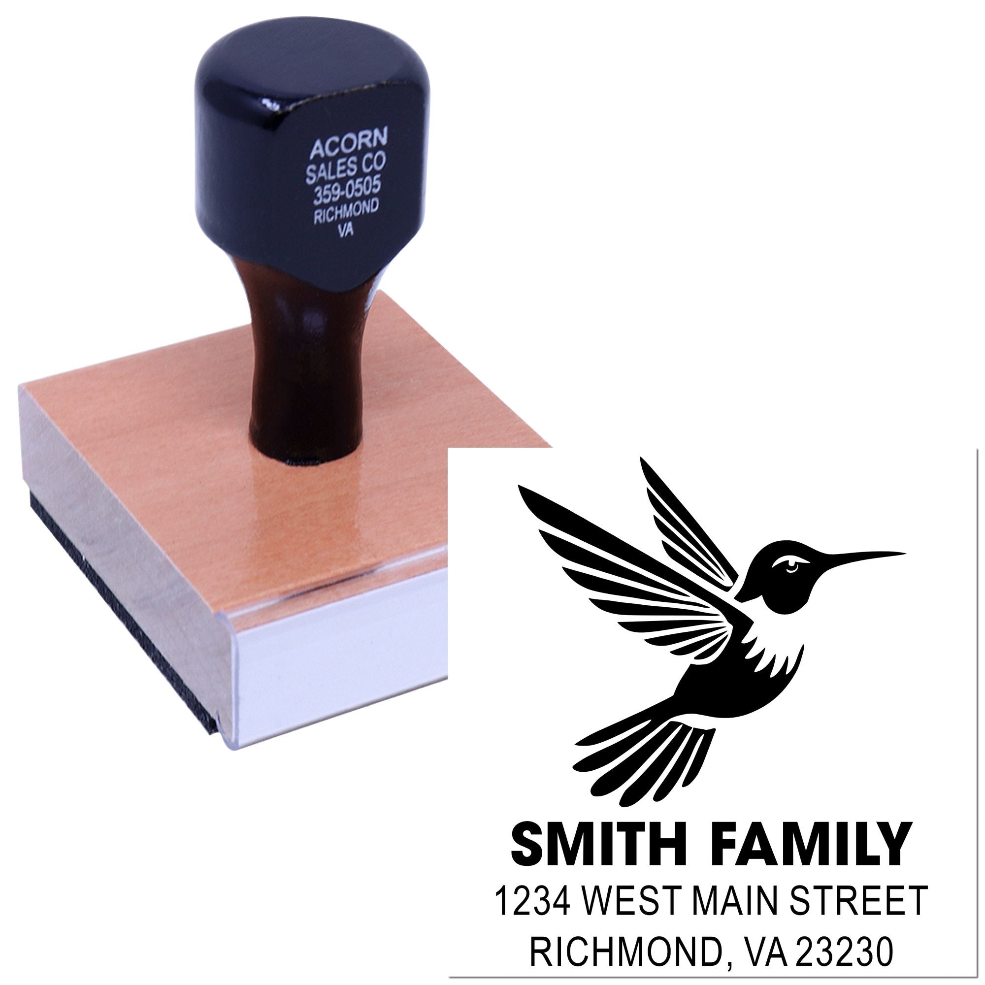 Custom family address rubber stamp with hummingbird logo and Smith Family return address design for envelopes