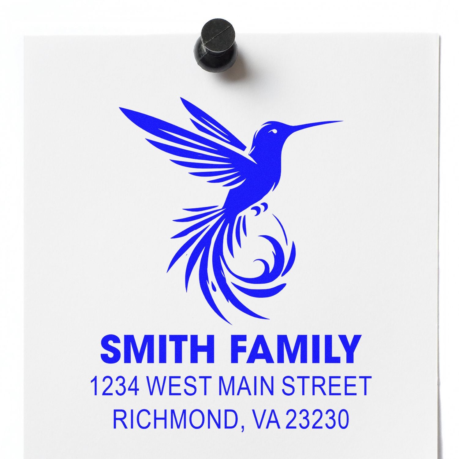 Custom hummingbird return address rubber stamp for Smith Family, 1234 West Main Street, Richmond, VA 23230.