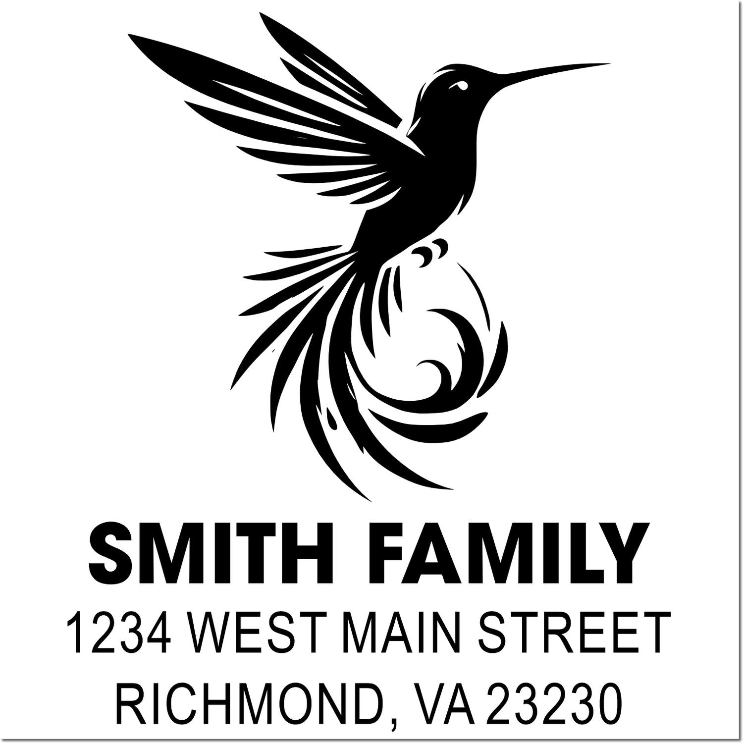 Custom hummingbird return address rubber stamp for Smith Family, 1234 West Main Street, Richmond, VA 23230