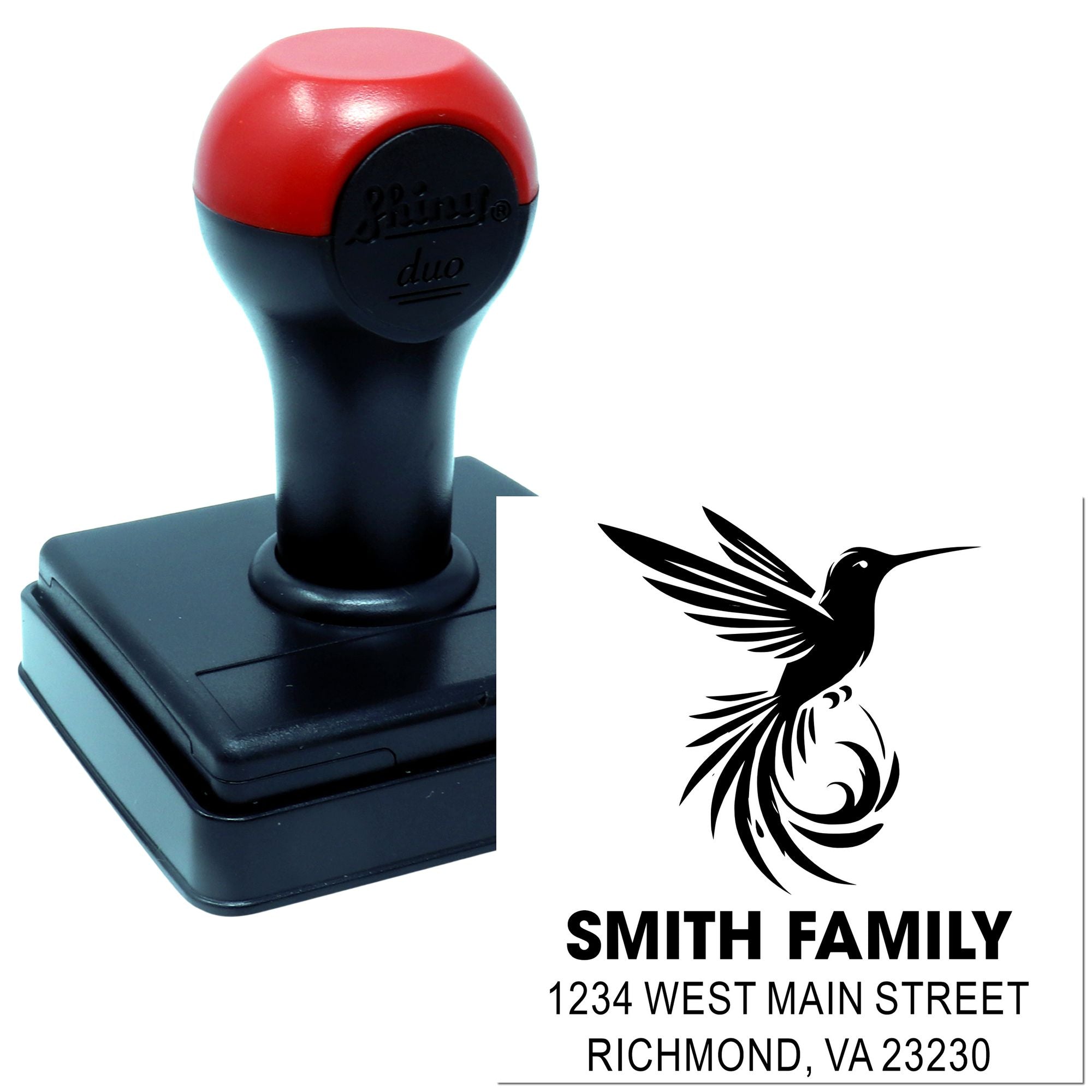 Custom self-inking rubber address stamp with hummingbird design, Smith family name, and Richmond, VA return address