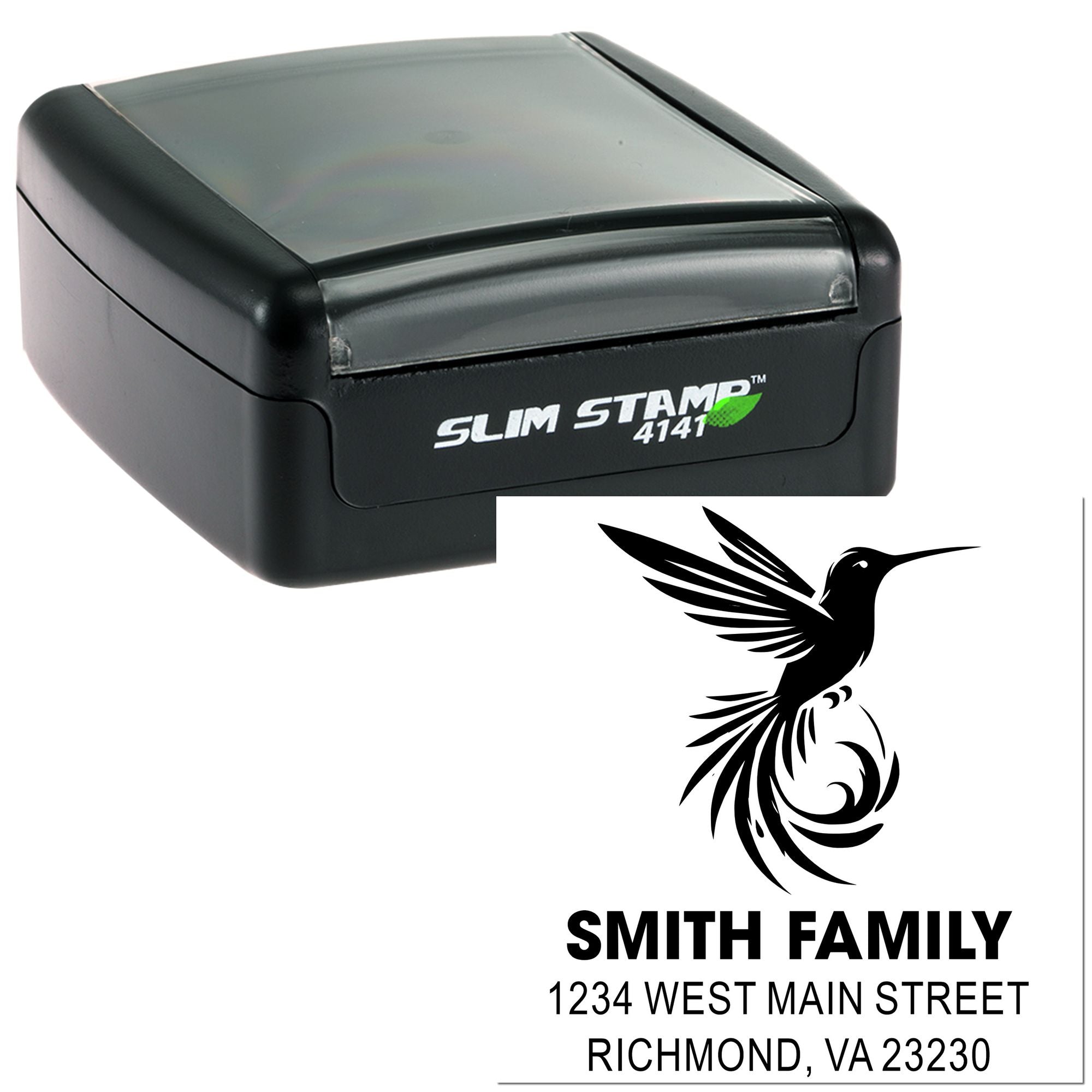 Custom self-inking rubber stamp with hummingbird design and Smith Family address for personalized return addressing.