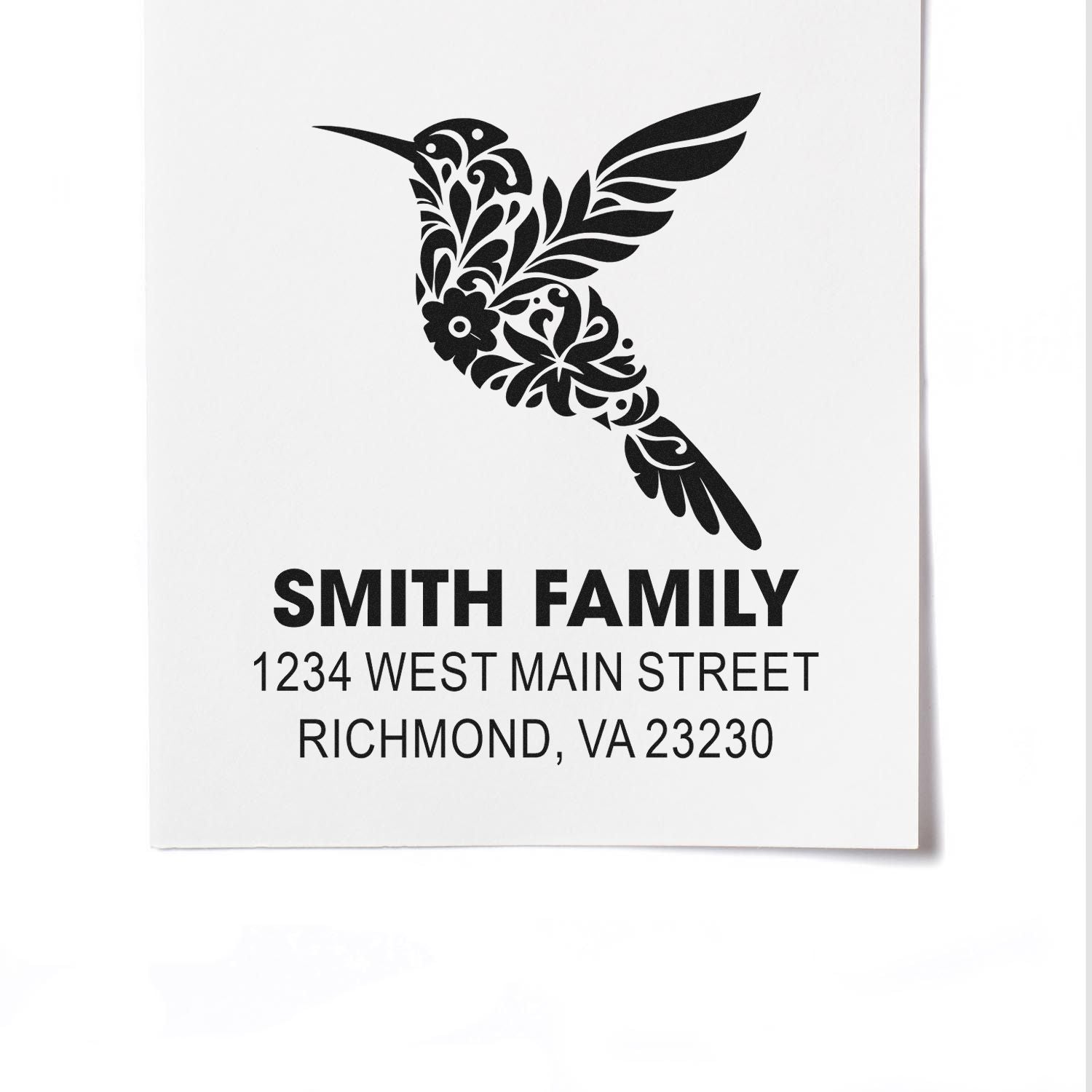 Custom hummingbird family address rubber stamp with floral design for Smith Family, Richmond, VA 23230.