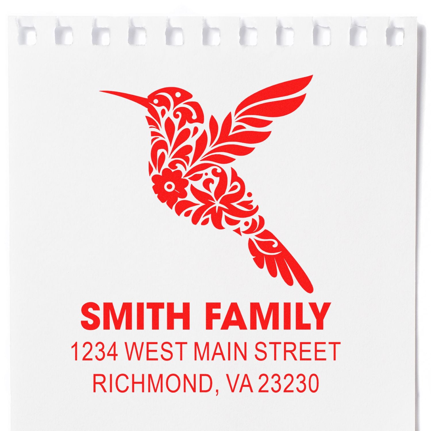 Personalized hummingbird address rubber stamp for Smith Family, Richmond, VA 23230