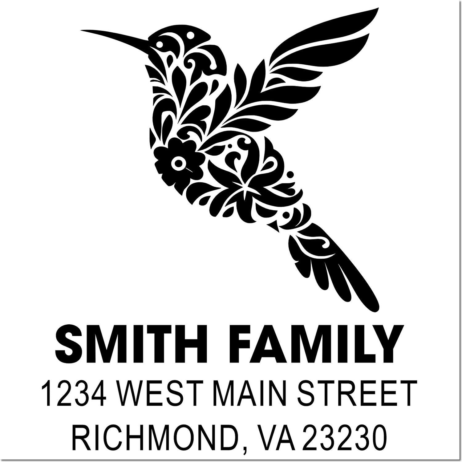 Custom hummingbird address rubber stamp with Smith Family, 1234 West Main Street, Richmond, VA 23230
