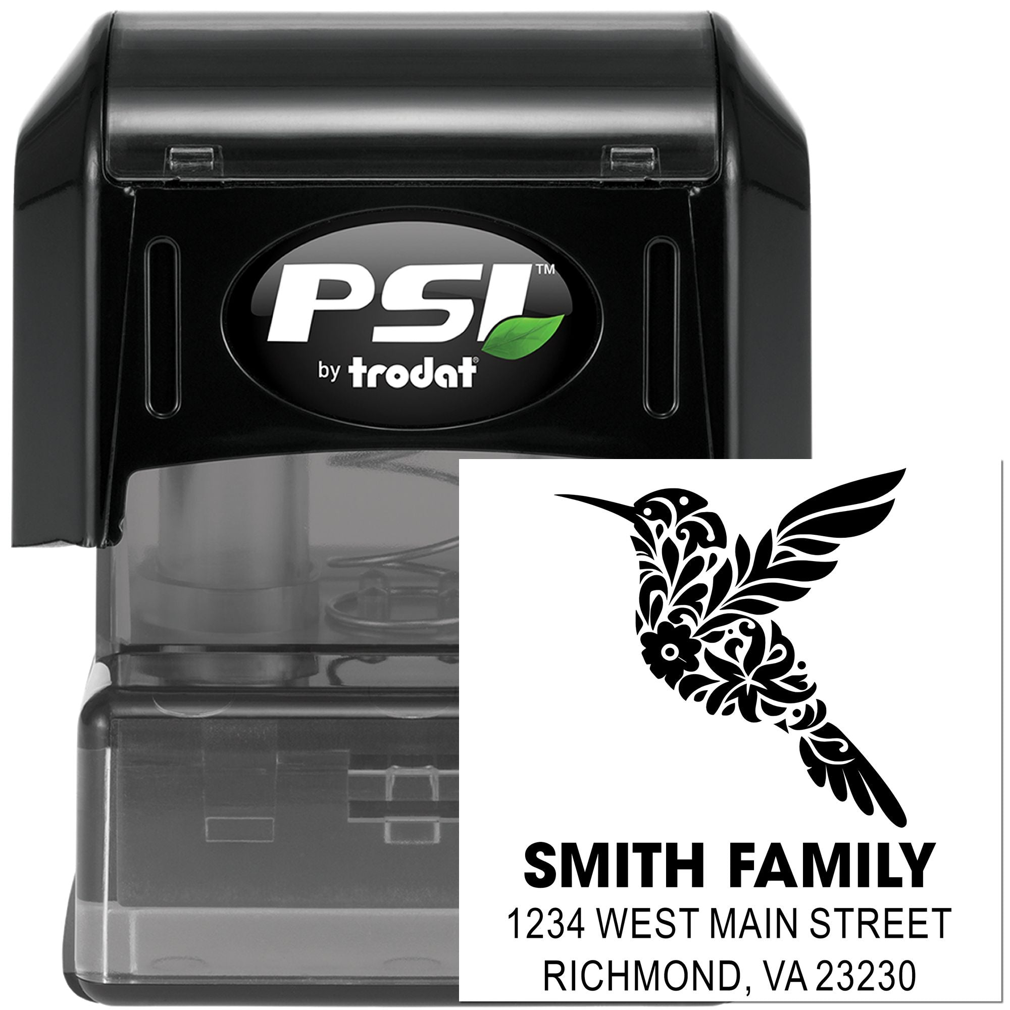 PSI by Trodat custom address rubber stamp with floral hummingbird design for family mailing and home address use