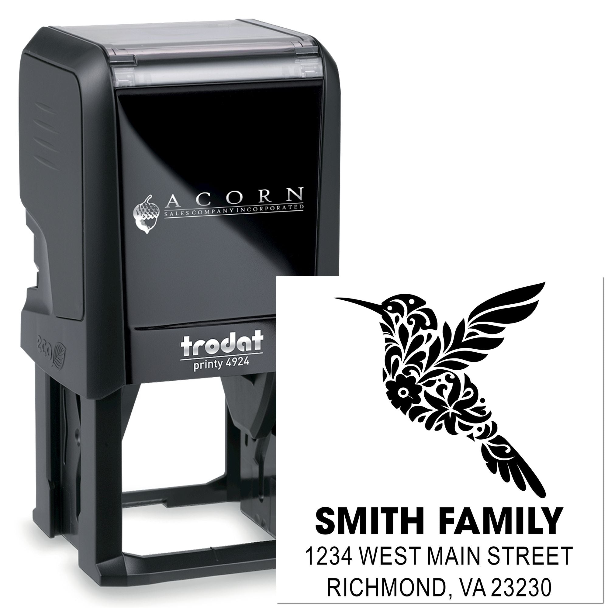 Personalized self-inking address stamp with Smith Family return address and decorative bird design