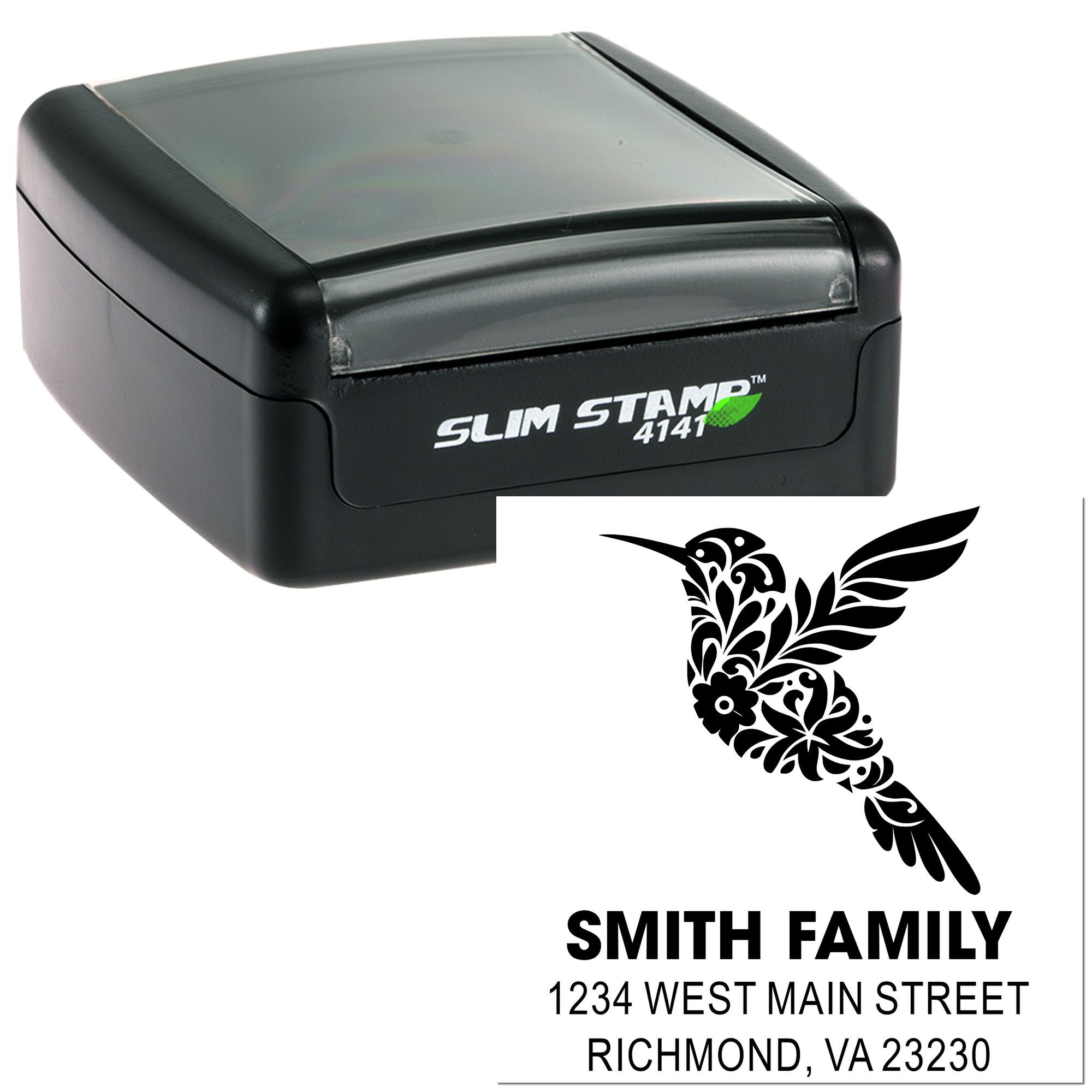 Custom self-inking rubber stamp with hummingbird return address design for Smith Family, Richmond, VA 23230.