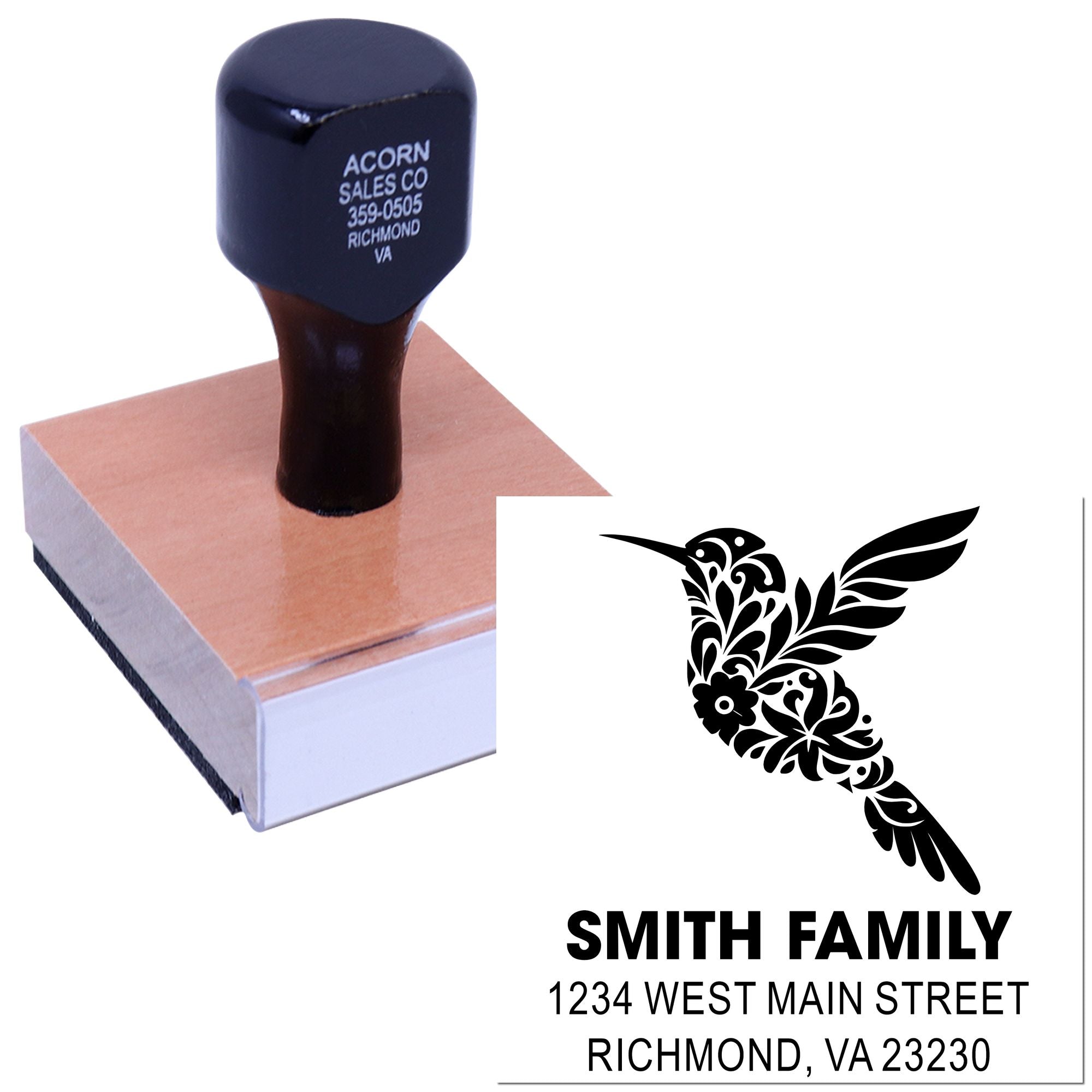 Custom family return address rubber stamp with floral hummingbird design for personalized home or wedding mail.