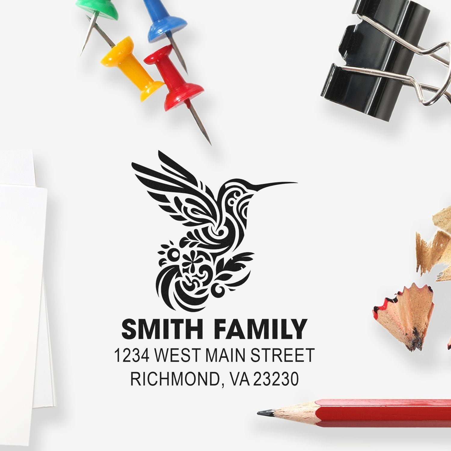 Custom return address rubber stamp with hummingbird design for Smith Family, Richmond, VA 23230.