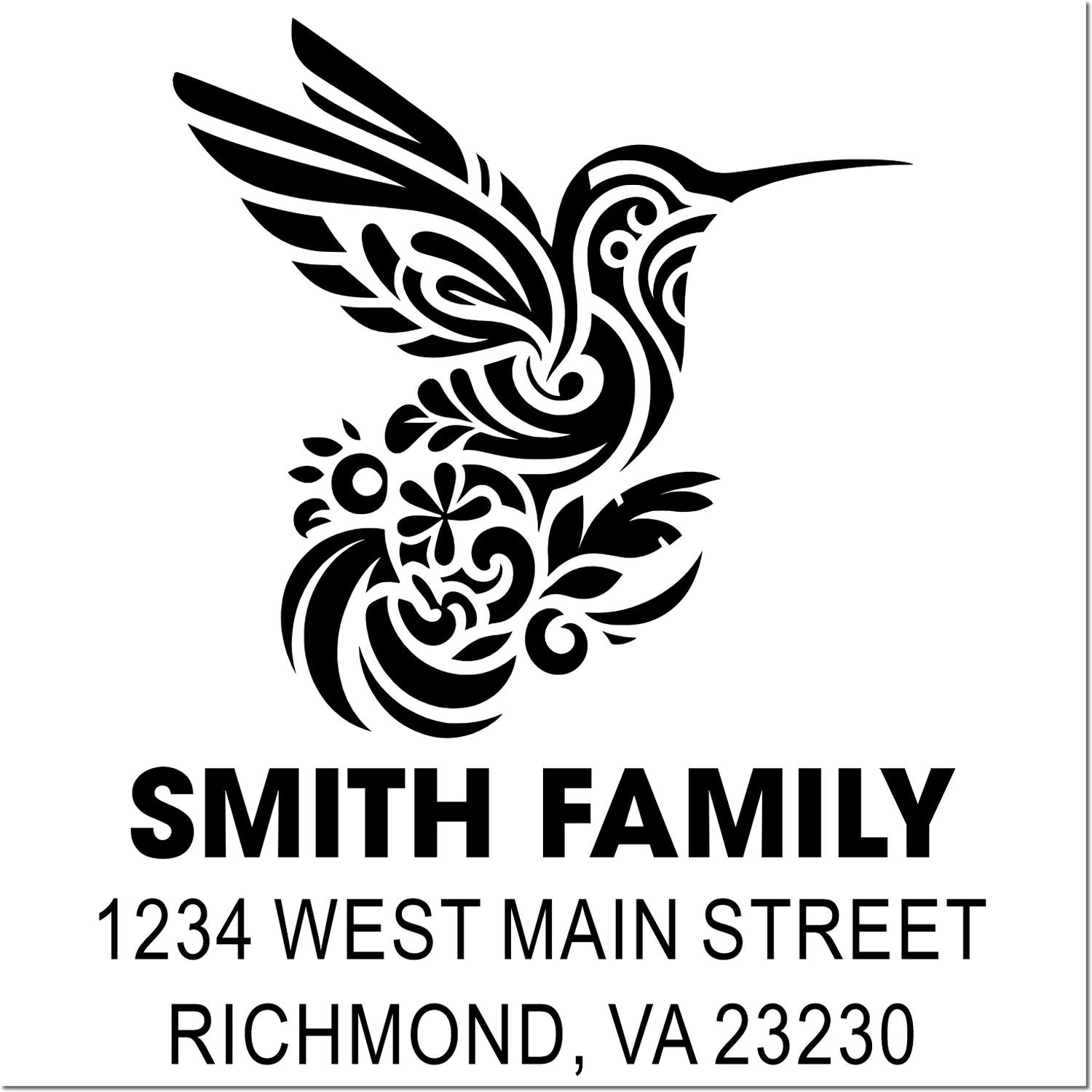 Custom hummingbird return address rubber stamp for Smith Family, 1234 West Main Street, Richmond, VA 23230