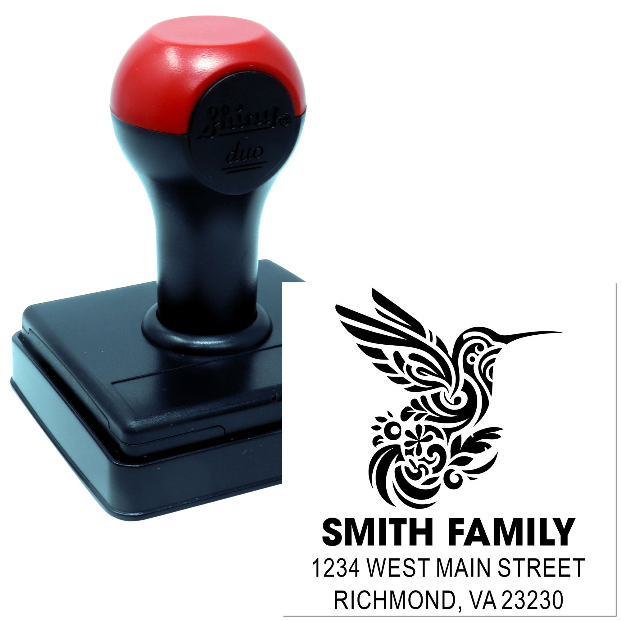 Custom self-inking rubber stamp with hummingbird logo, Smith Family name, and Richmond VA return address for mailing.
