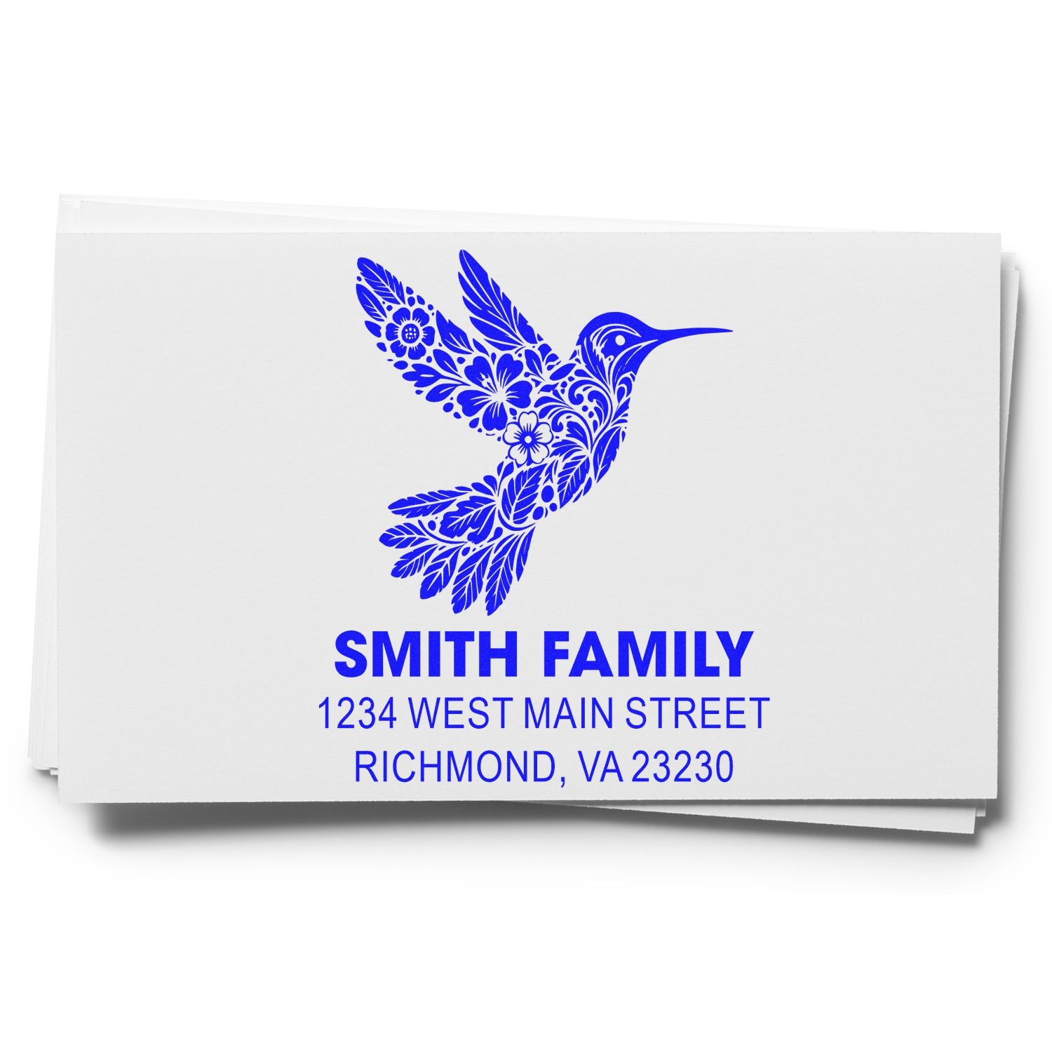 Personalized return address rubber stamp with floral hummingbird design, Smith Family name, and Richmond, VA address.