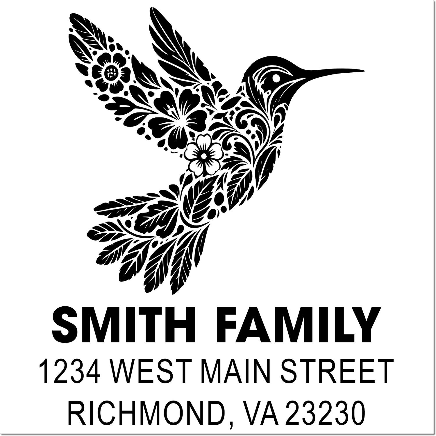 Custom floral hummingbird return address rubber stamp for Smith Family, 1234 West Main Street, Richmond, VA 23230.