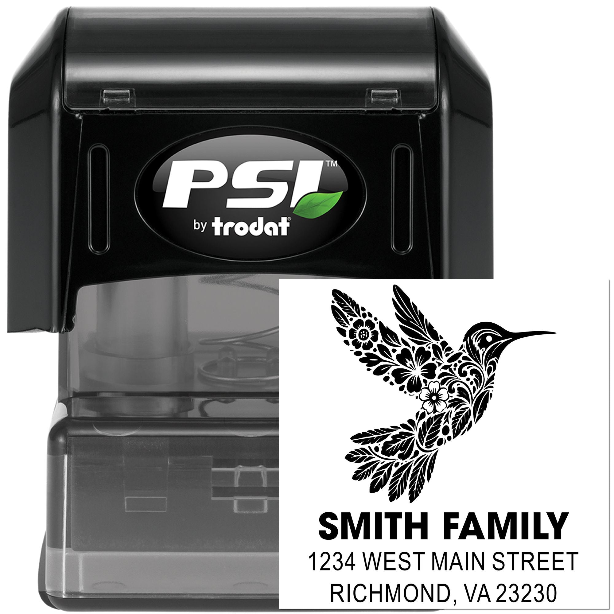 PSI by Trodat self-inking rubber stamp with custom hummingbird address design for family return mailing labels.