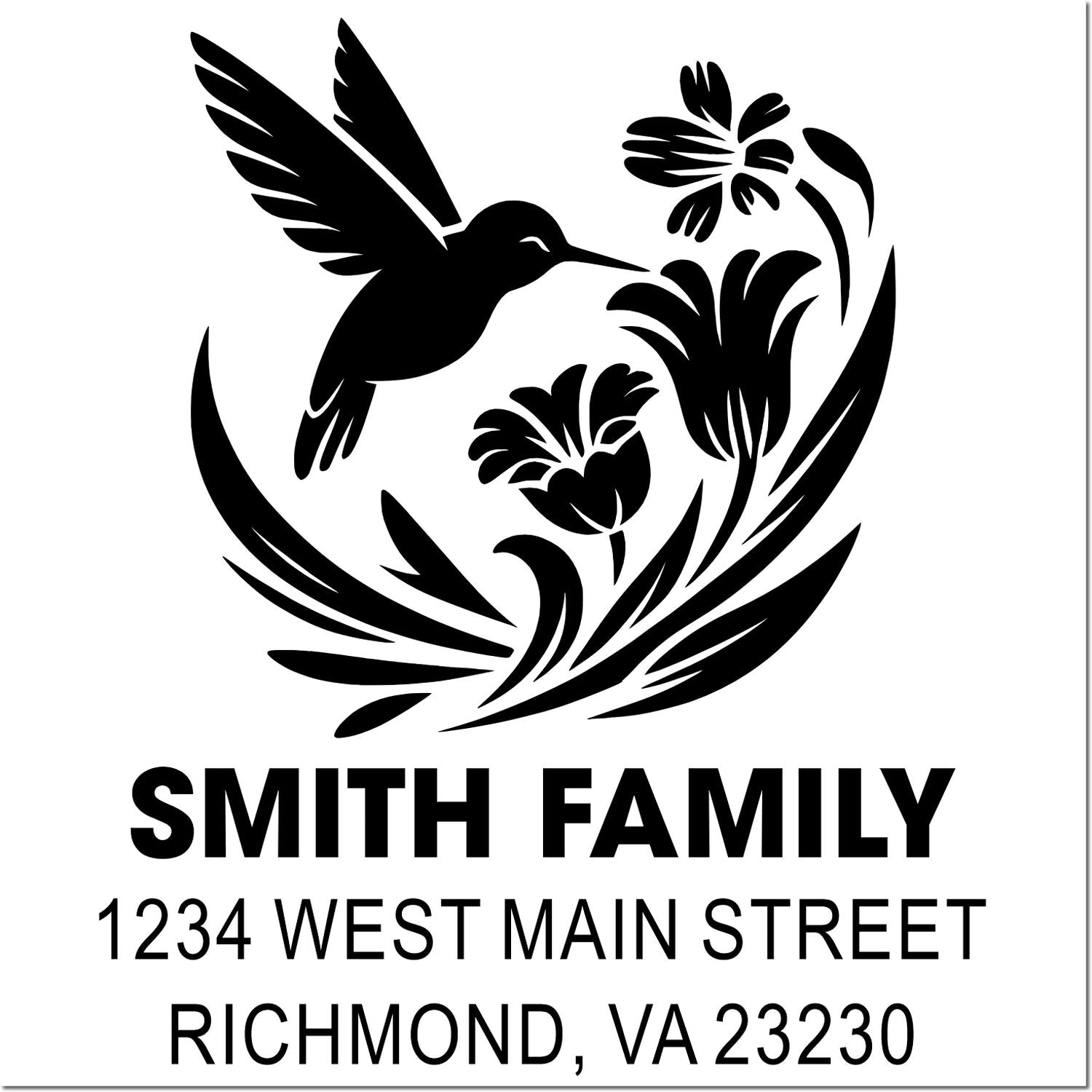 Custom hummingbird family return address rubber stamp with Smith Family and Richmond, VA address.
