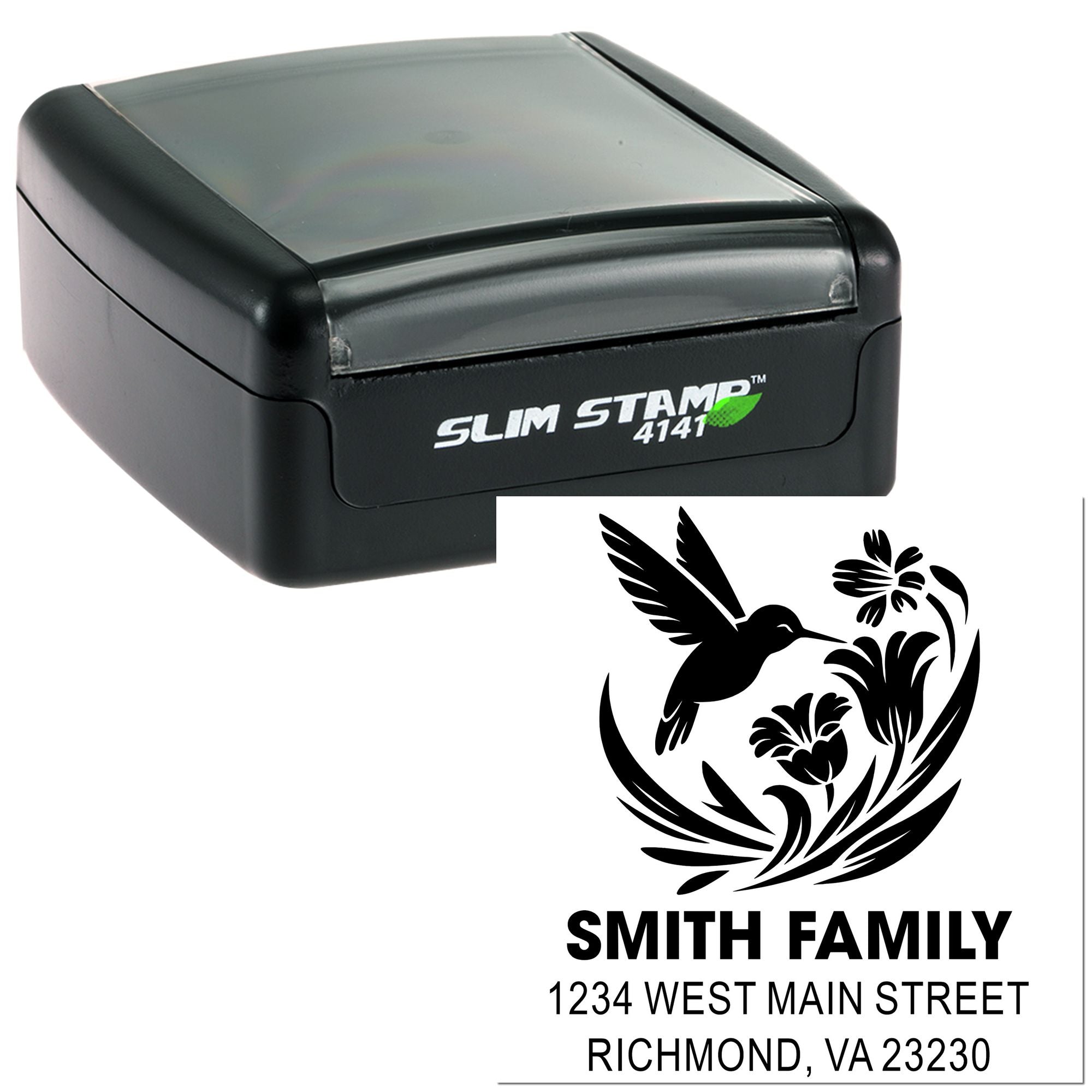 Custom self-inking return address rubber stamp with hummingbird floral design, Smith Family, Richmond VA personalized mail stamp.