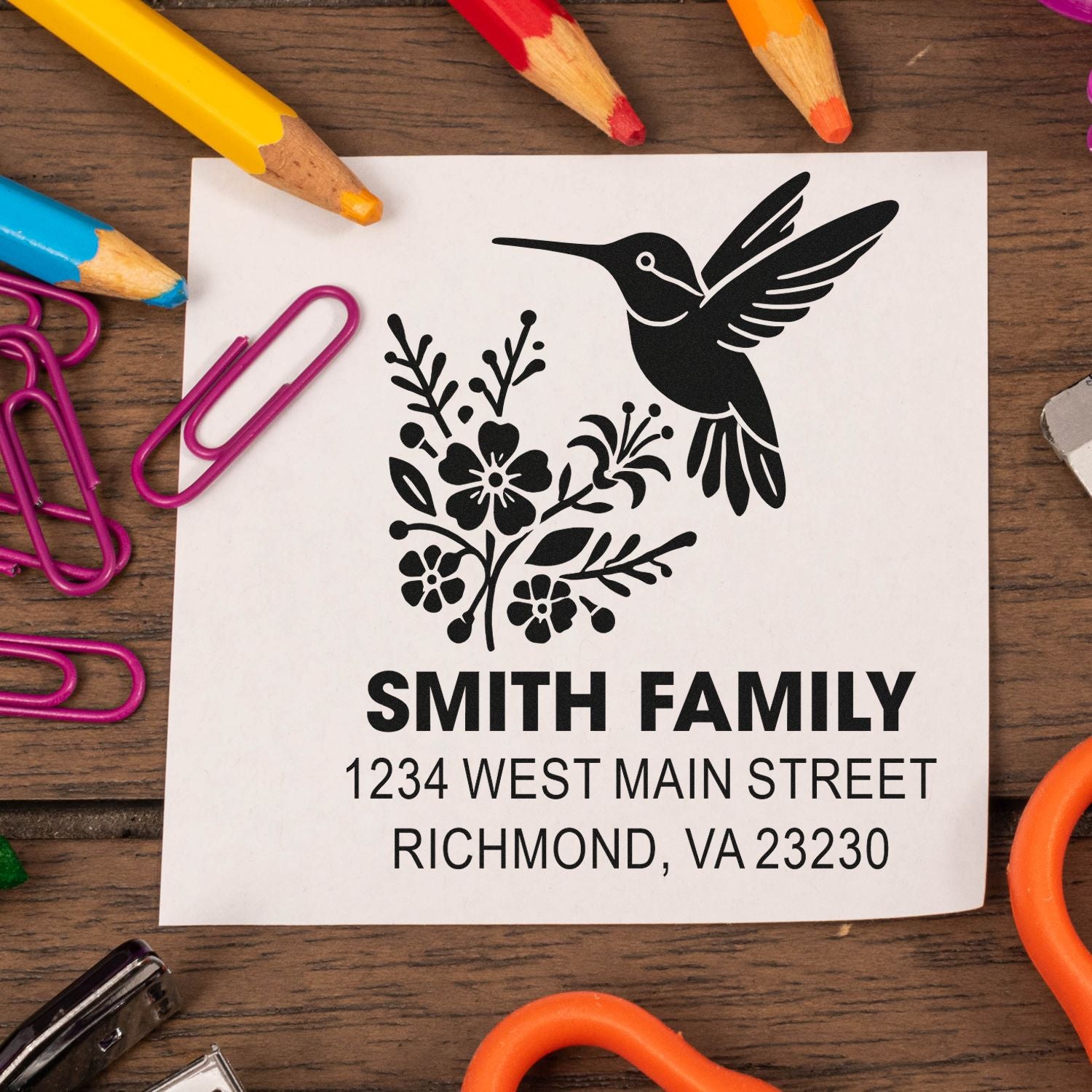 Custom return address rubber stamp with hummingbird and floral design for Smith Family, Richmond, VA.