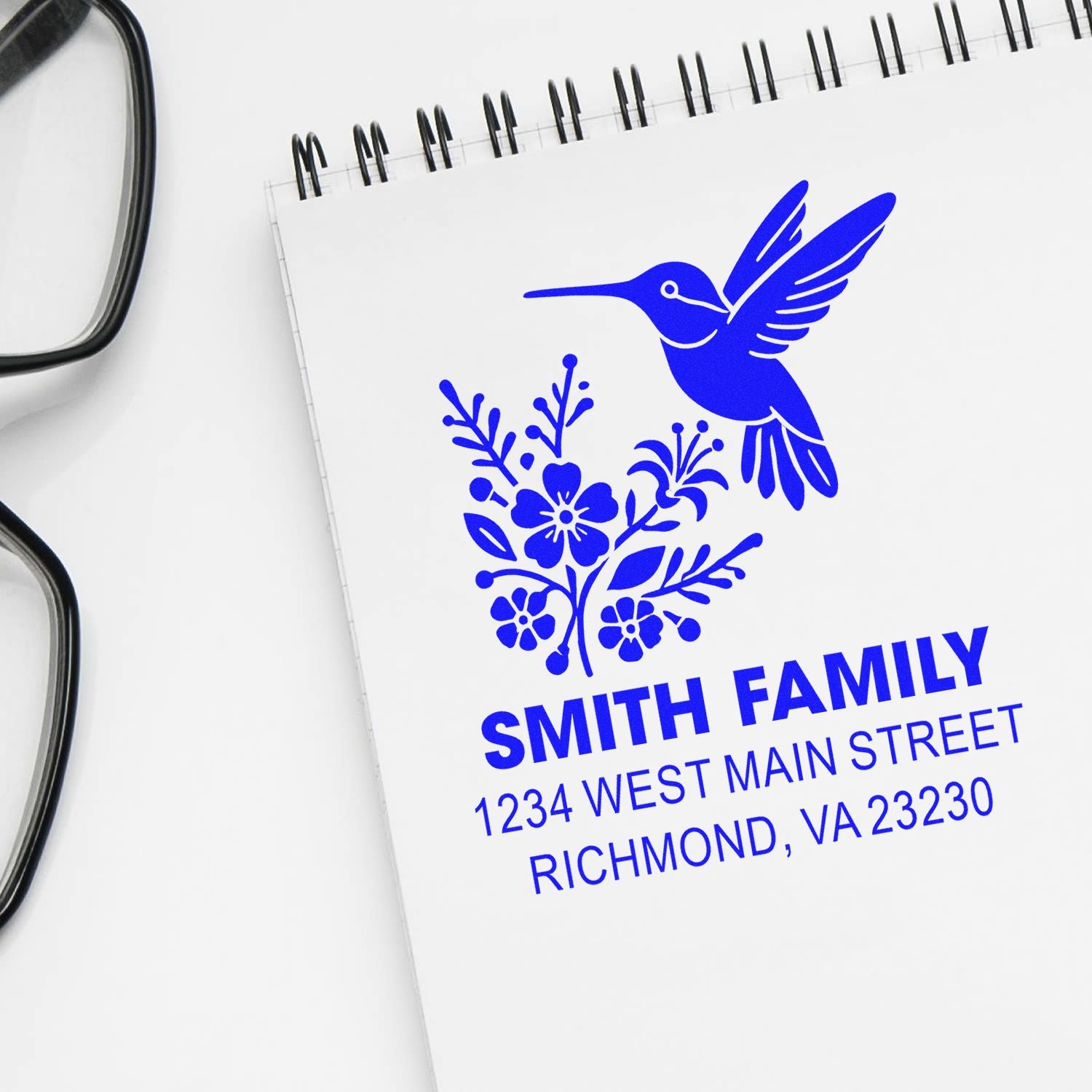 Custom family return address rubber stamp with hummingbird and floral design for envelopes, featuring Smith family and Richmond, VA.