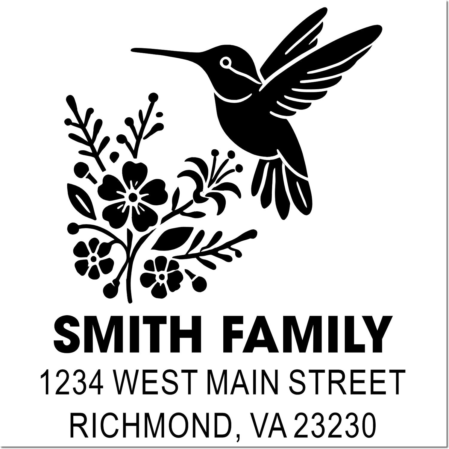 Custom hummingbird floral return address rubber stamp for Smith Family, Richmond, VA 23230