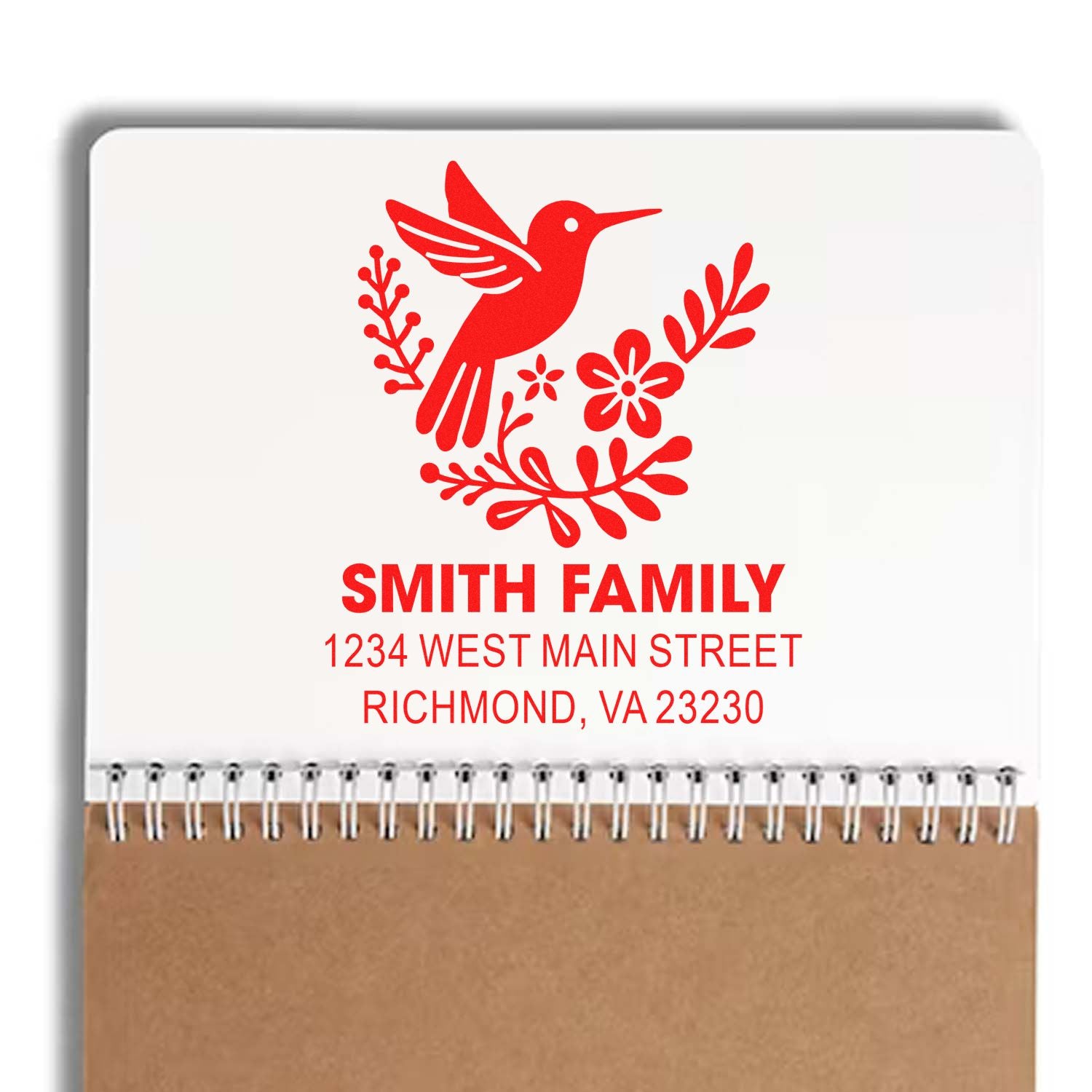 Custom hummingbird floral address rubber stamp for Smith Family, featuring name and Richmond, VA return address