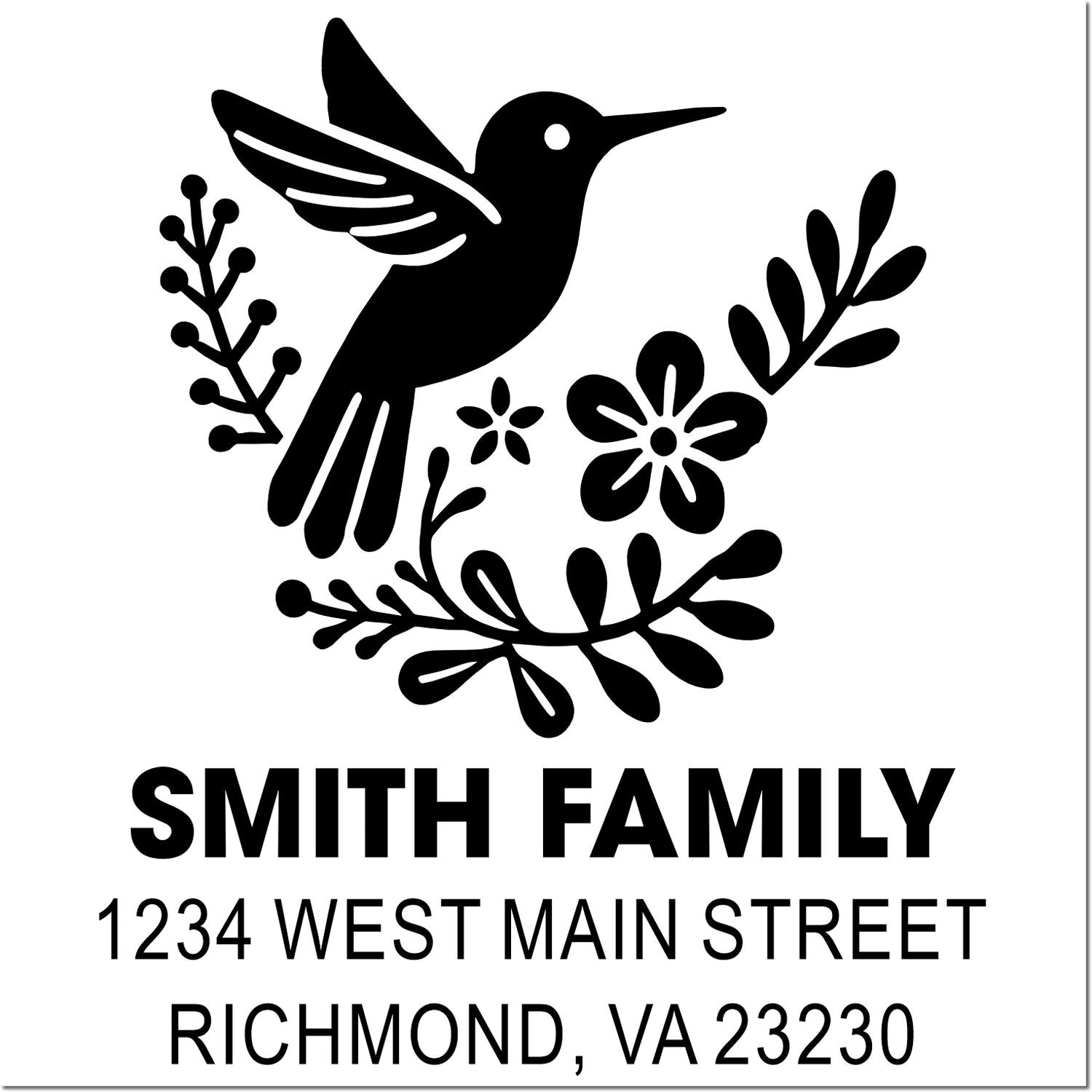 Personalized hummingbird address rubber stamp for Smith Family, Richmond, VA 23230, with floral wreath design.