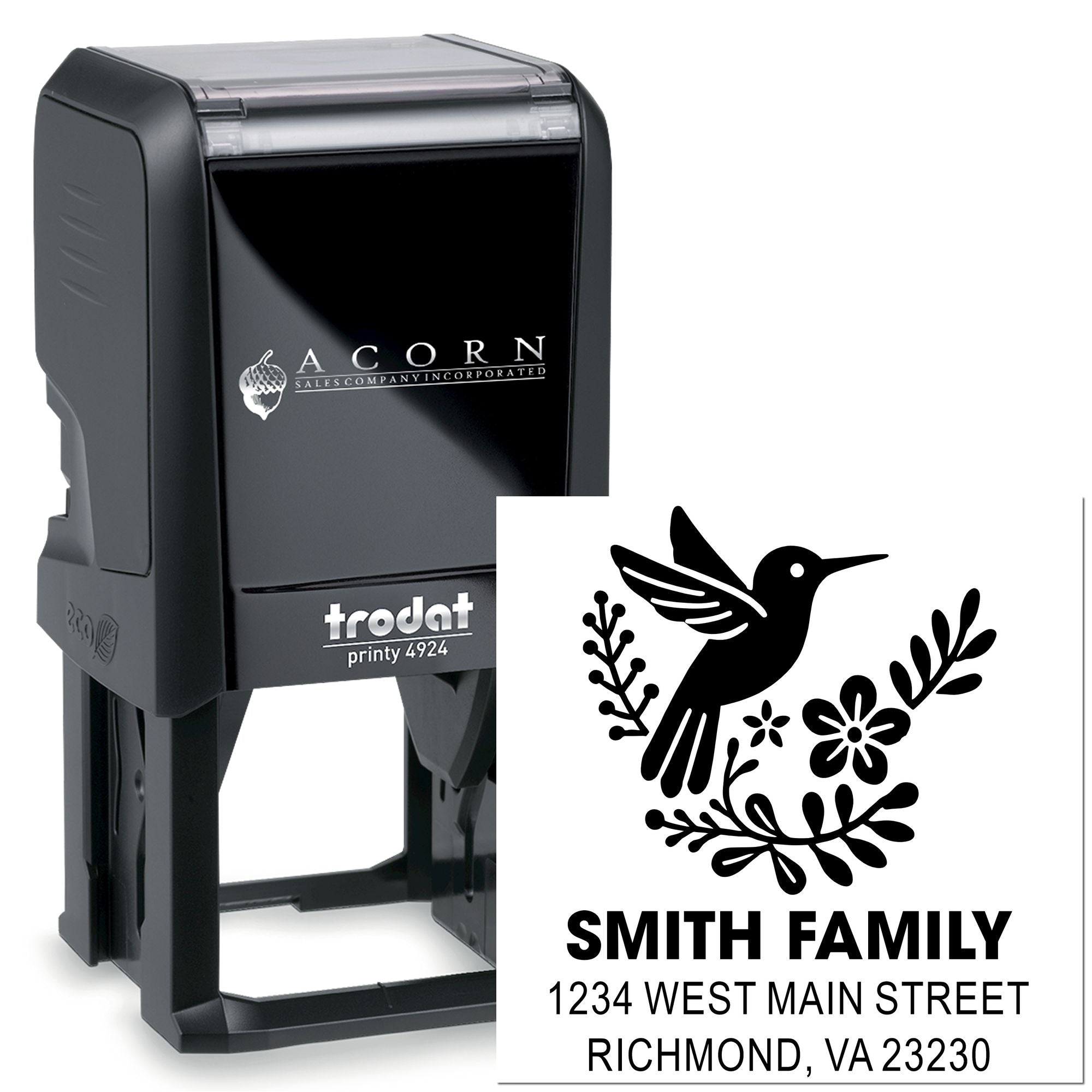 Custom self-inking rubber address stamp with hummingbird floral design for Smith Family, Richmond, VA 23230.