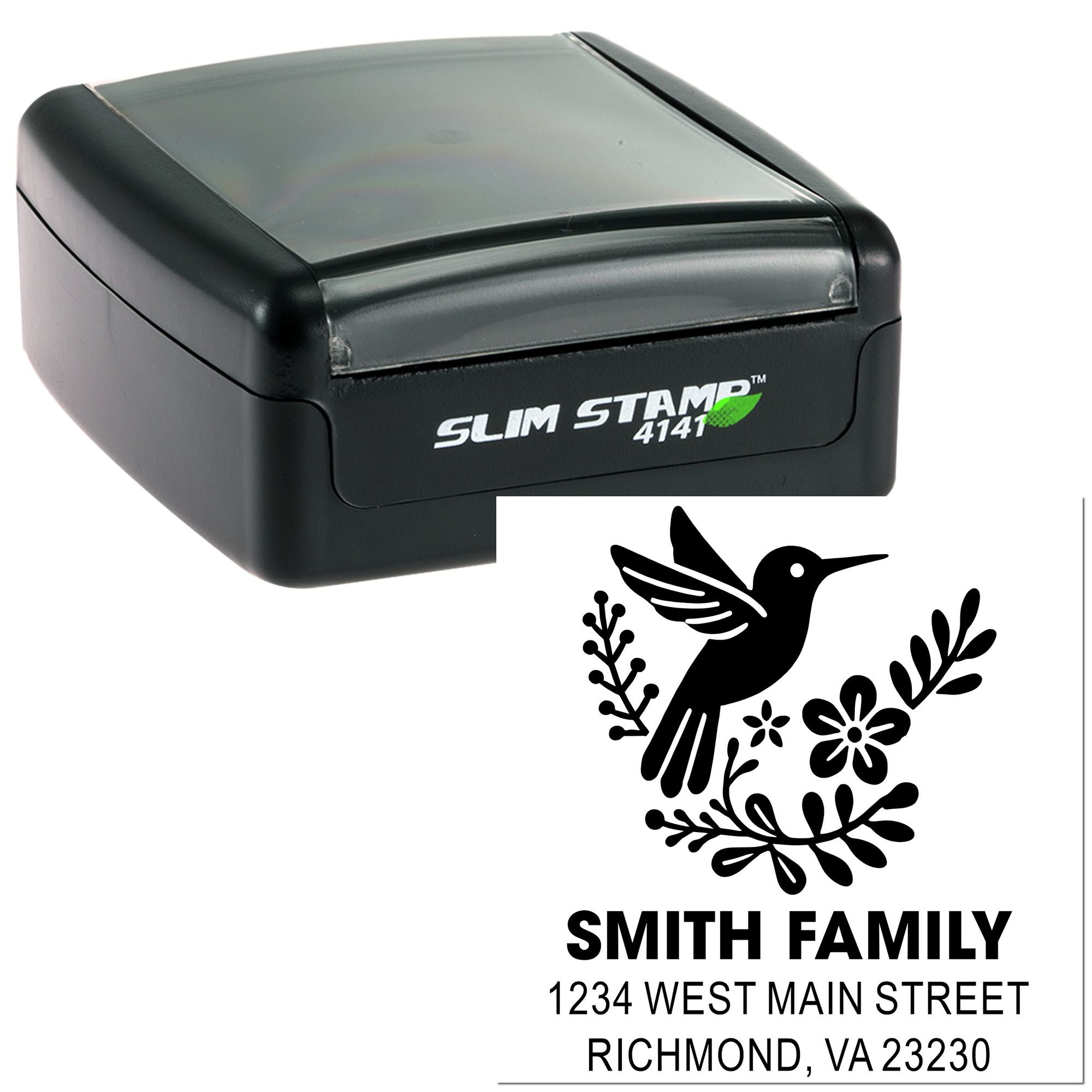 Custom Slim Stamp 4141 rubber address stamp with bird family design for personalized return address mailing.