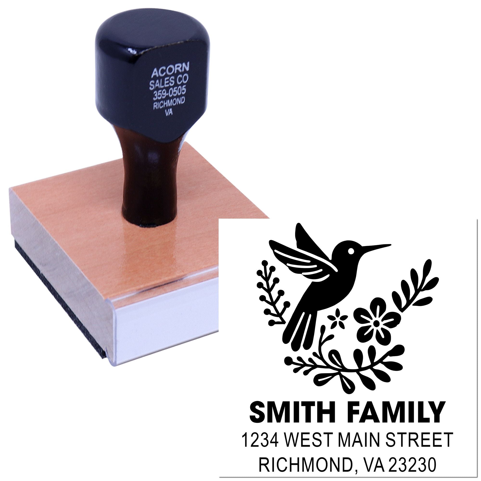 Custom return address rubber stamp with hummingbird floral design and family name for personalized envelopes.