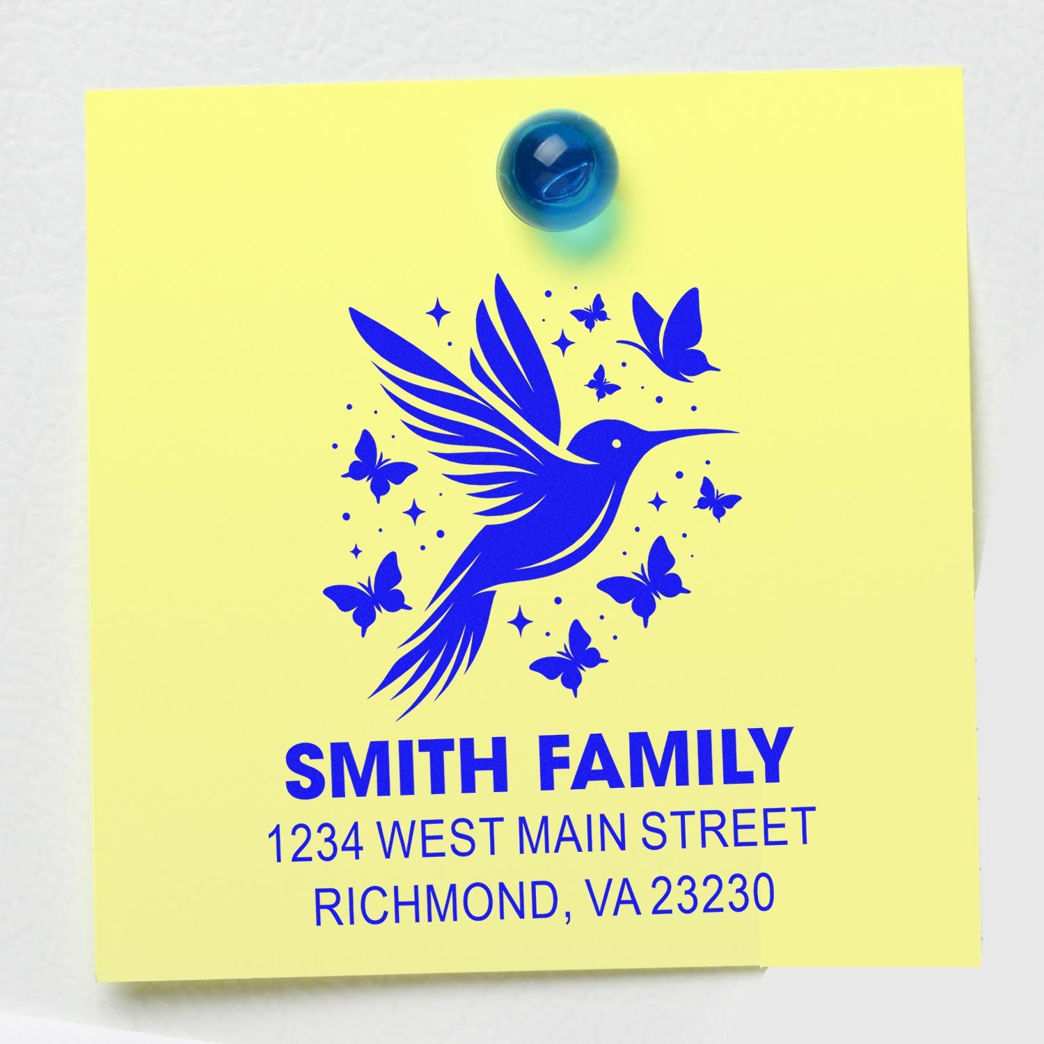Custom rubber stamp with hummingbird and butterflies, featuring Smith family return address in Richmond, VA.
