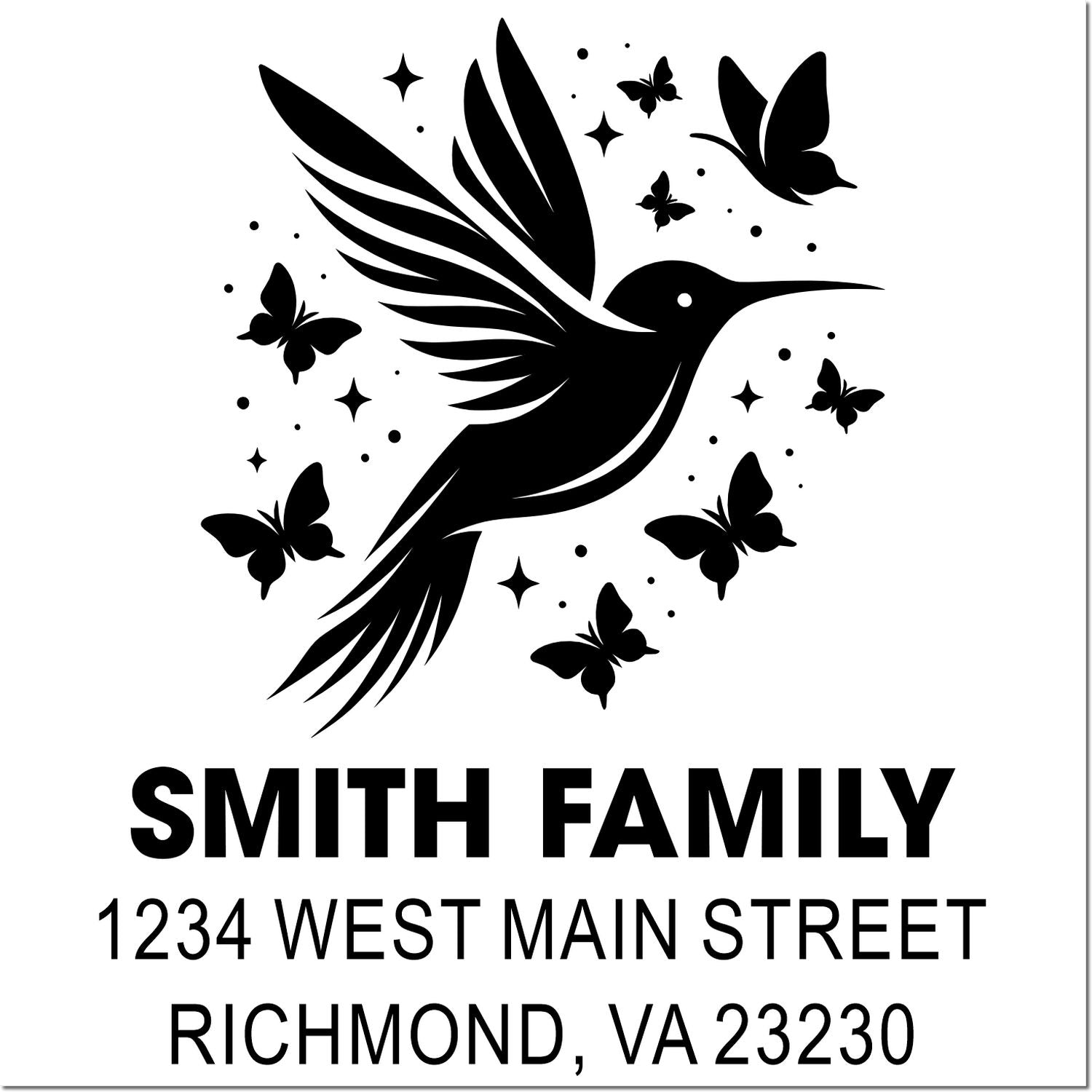 Custom family return address rubber stamp with hummingbird and butterflies, Smith family, 1234 West Main Street, Richmond VA 23230