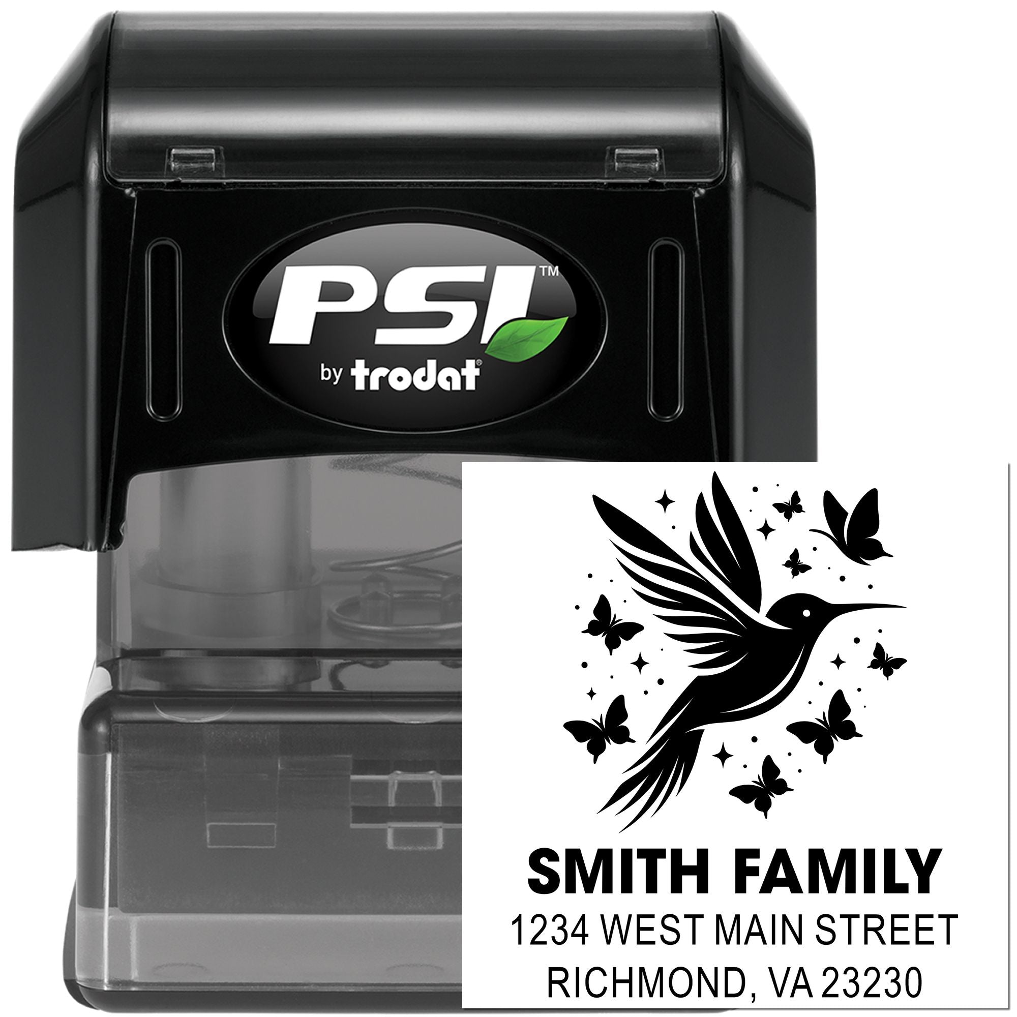 Custom self-inking return address stamp by PSI Trodat with hummingbird design for family mailing labels.