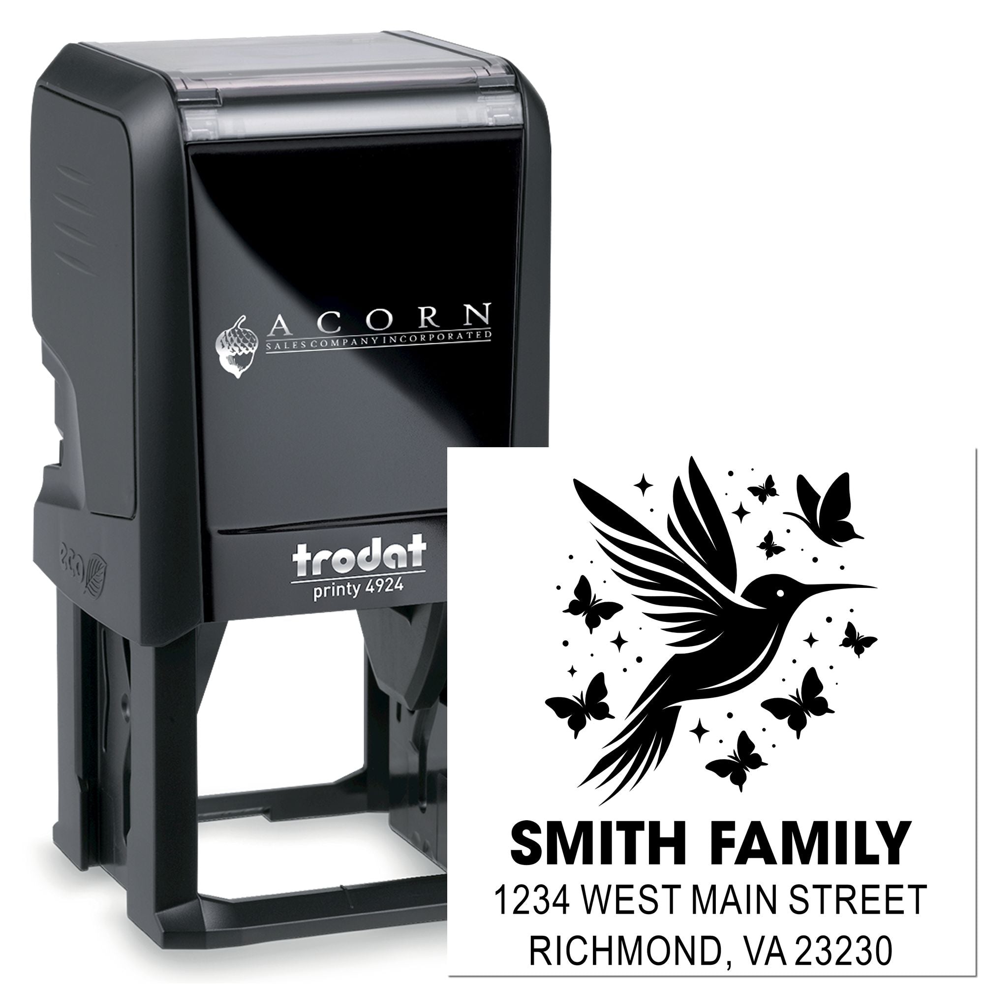 Custom self-inking rubber address stamp with bird design, Smith family name, and personalized return address.