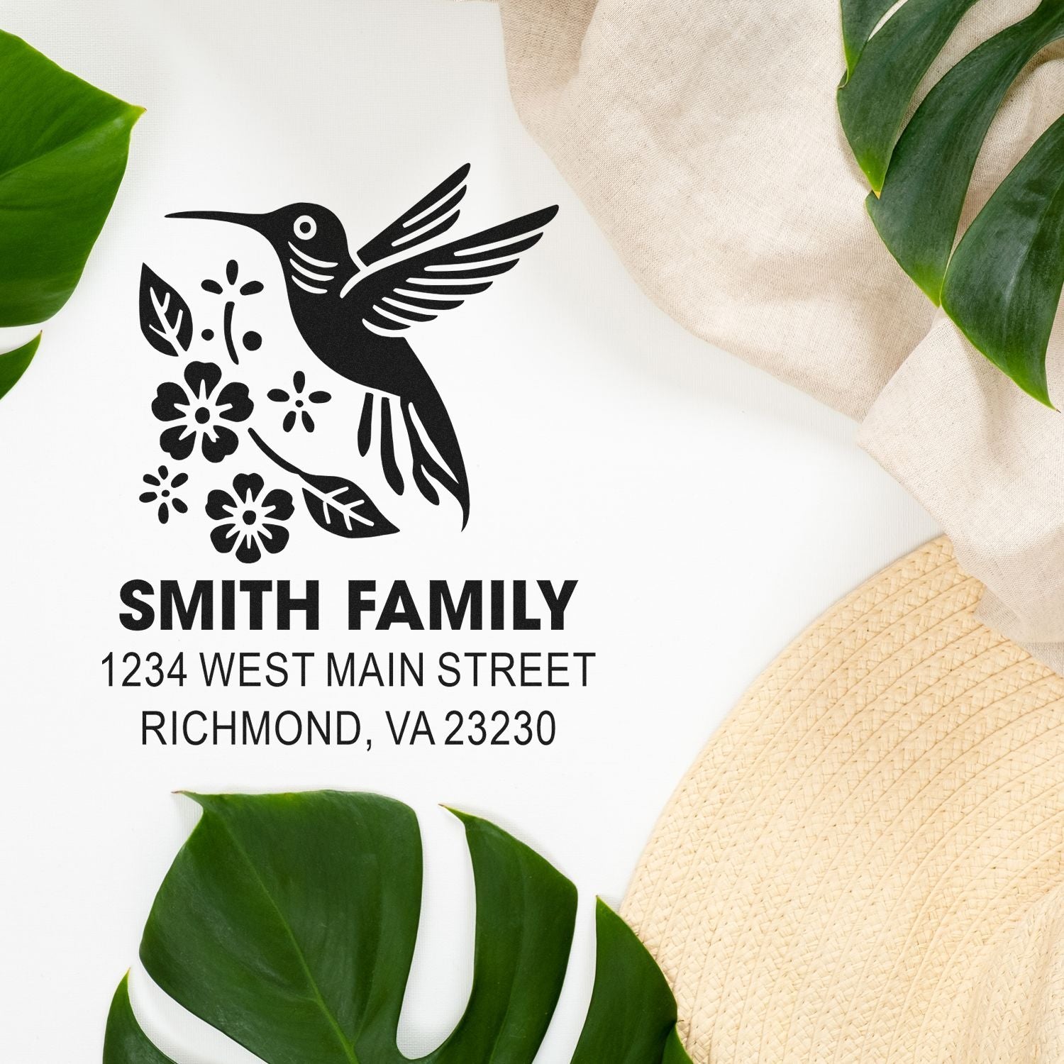 Custom hummingbird floral return address rubber stamp for Smith Family, Richmond, VA 23230