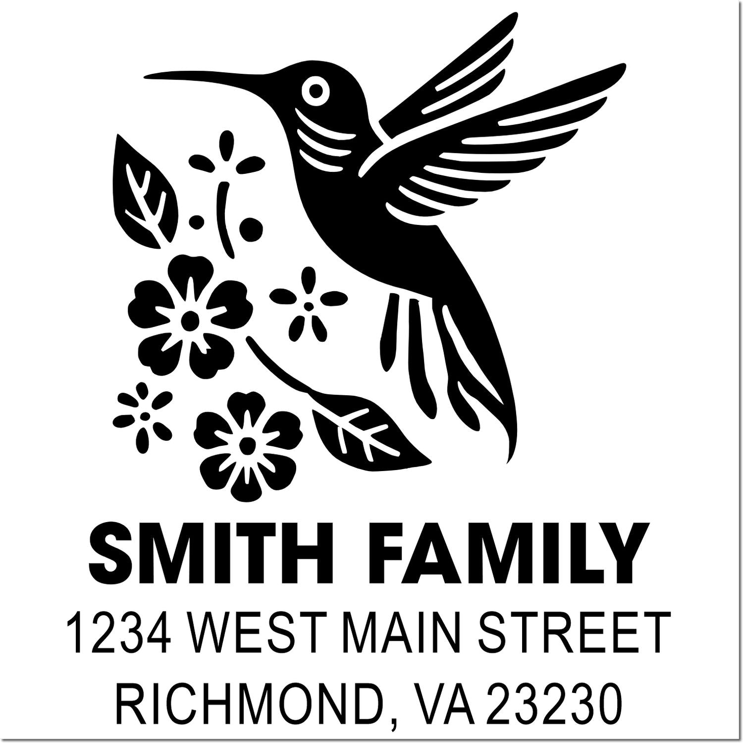 Personalized return address rubber stamp with hummingbird and floral design for Smith Family, Richmond, VA.