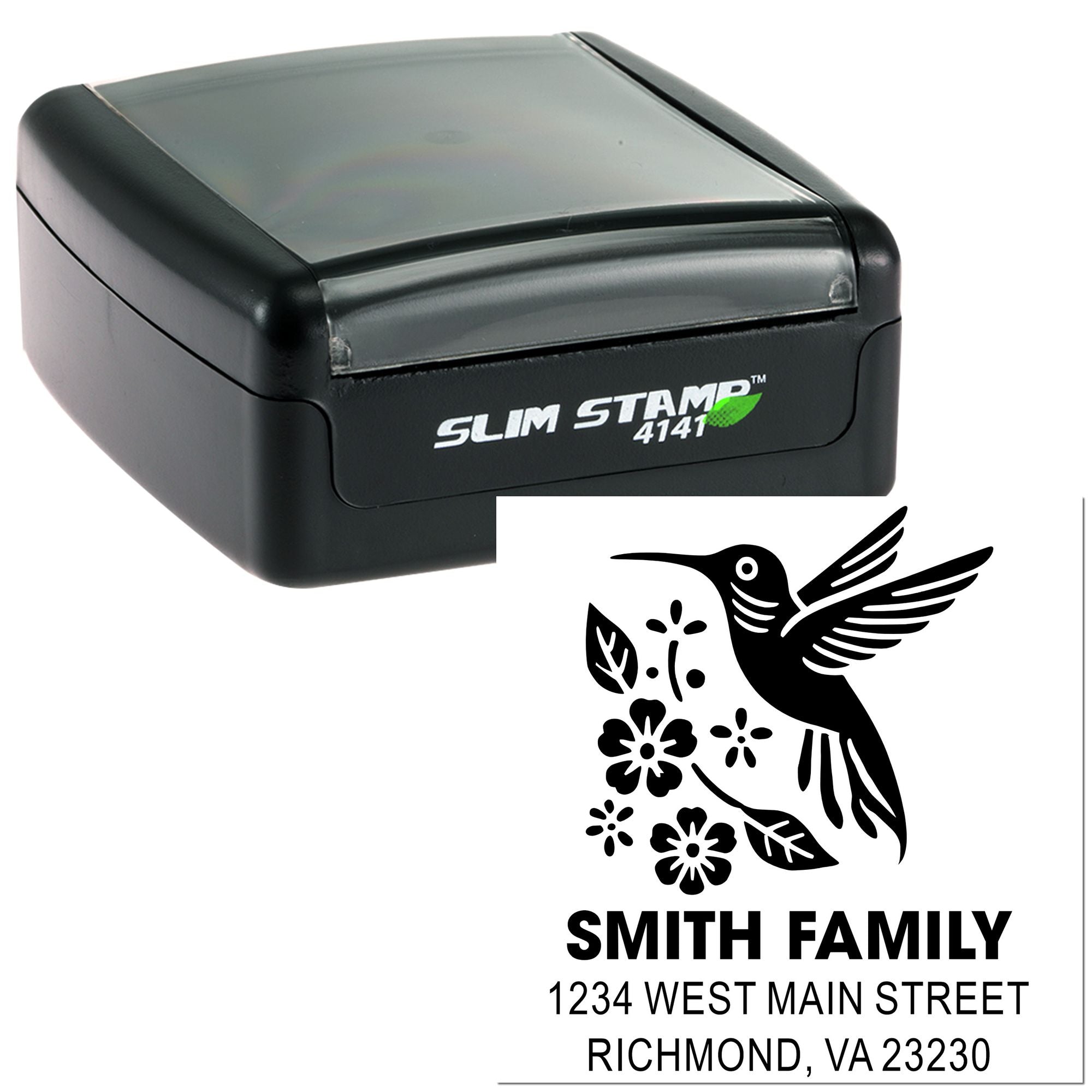 Personalized self-inking Slim Stamp rubber stamp with hummingbird return address design for family envelopes and mail.