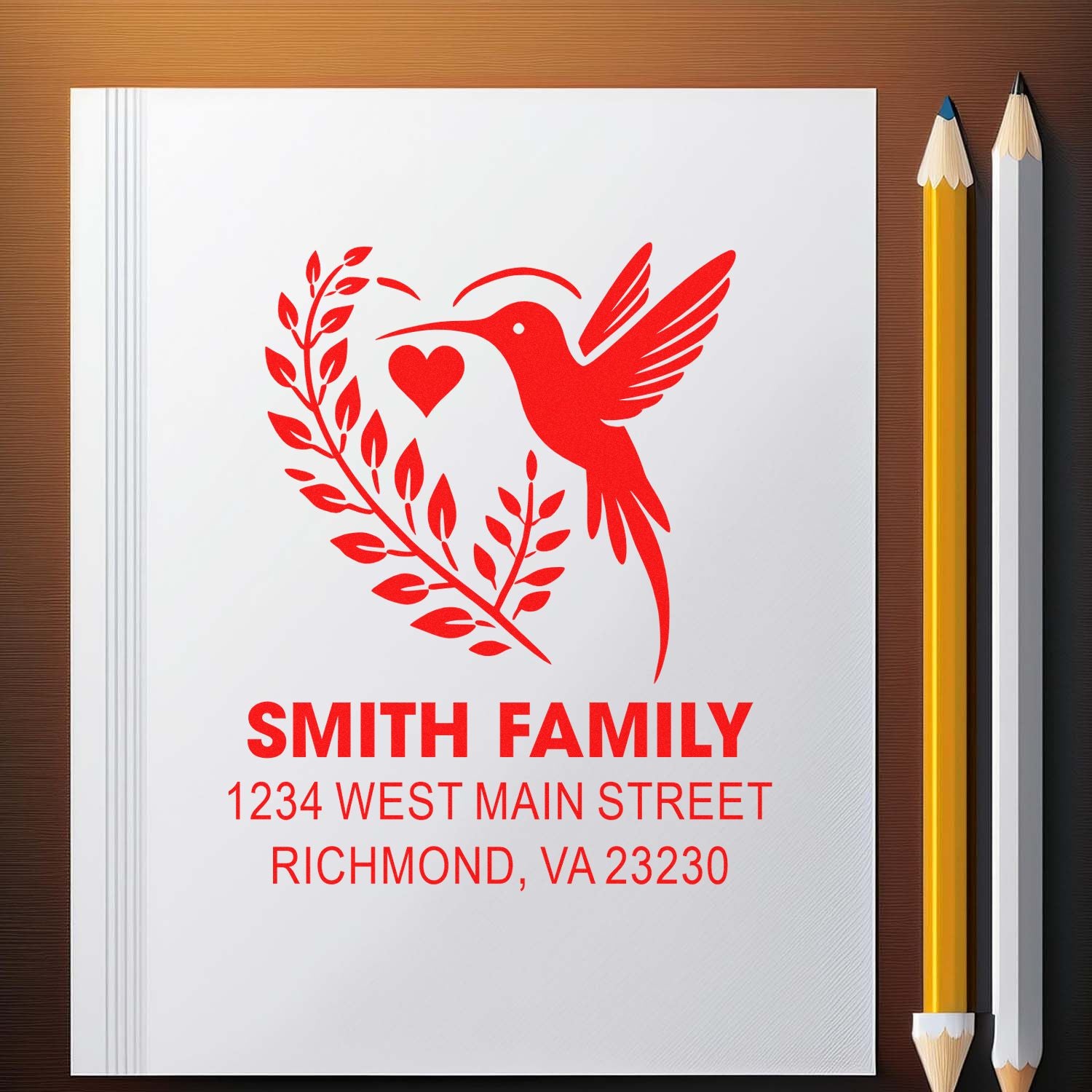 Personalized Smith Family rubber stamp with hummingbird heart design and return address for custom wedding or housewarming mail.