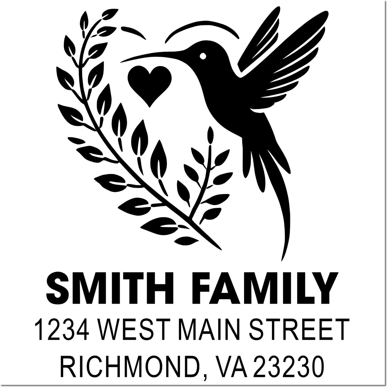 Custom rubber stamp design with hummingbird, heart and leaves, personalized for Smith Family, 1234 West Main Street, Richmond, VA 23230.