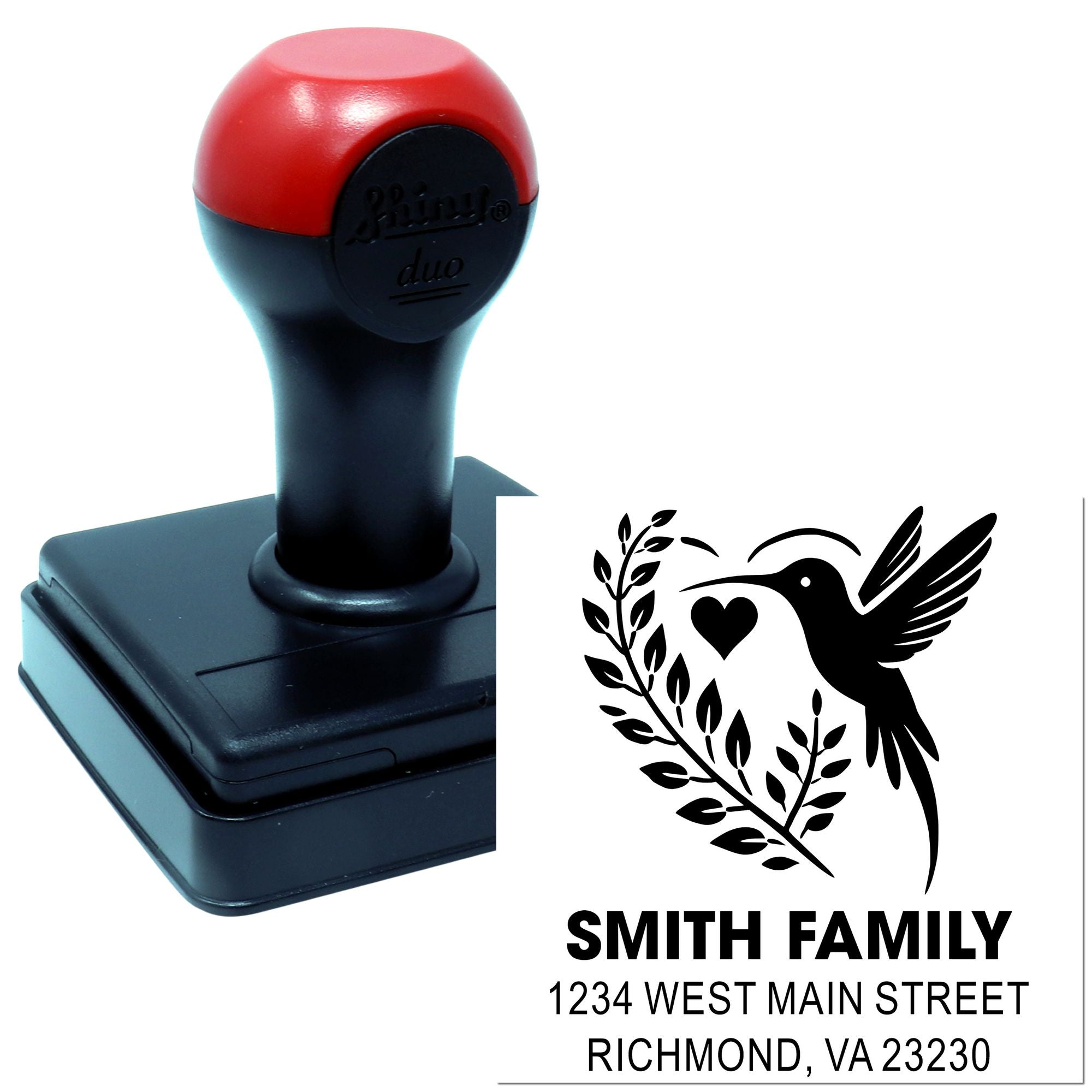 Custom self-inking rubber stamp with hummingbird design and Smith family return address for mailing envelopes.