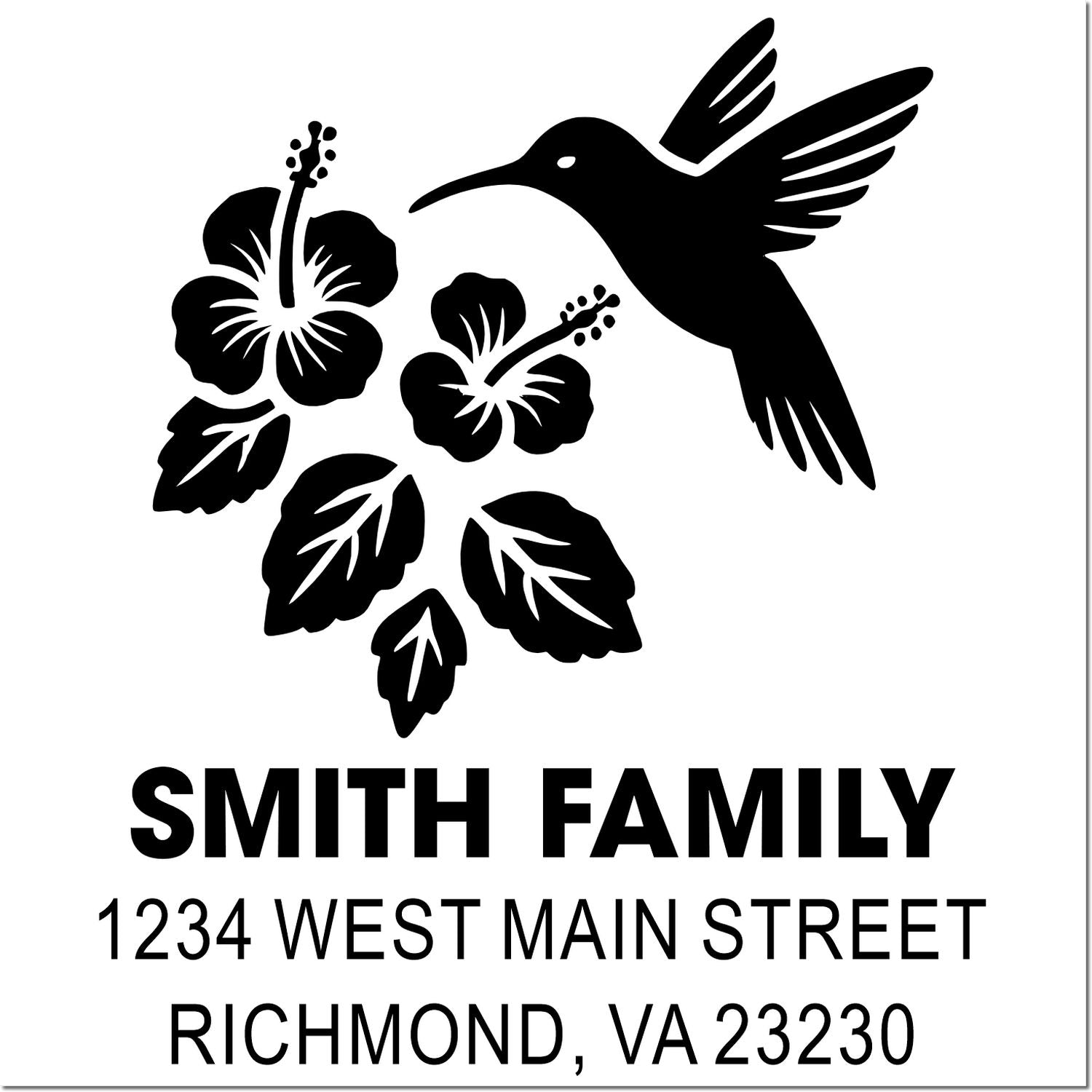 Custom rubber stamp with hummingbird and hibiscus, Smith Family return address, Richmond VA 23230.