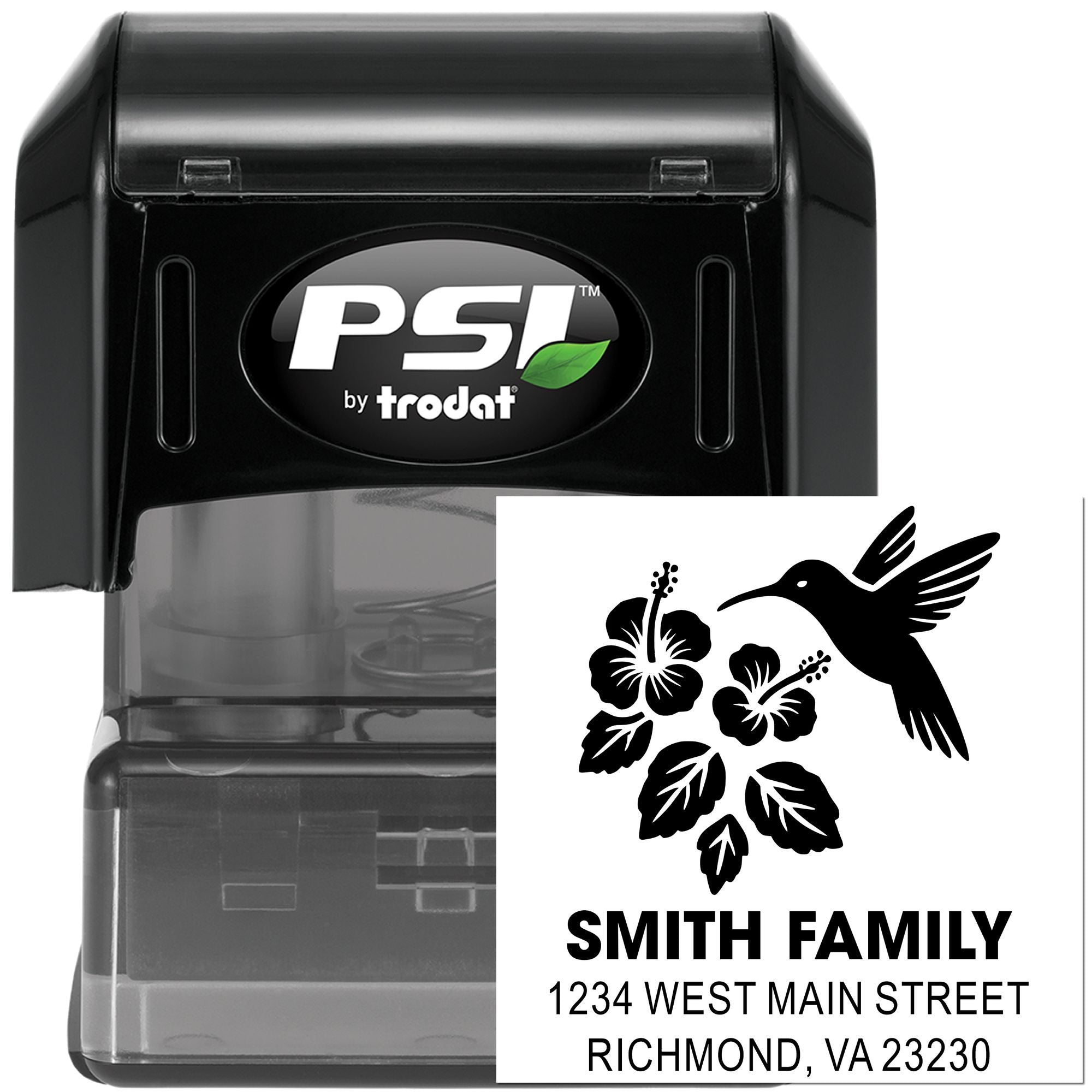 Custom self-inking rubber stamp with hummingbird and hibiscus address design for Smith Family, Richmond, VA.